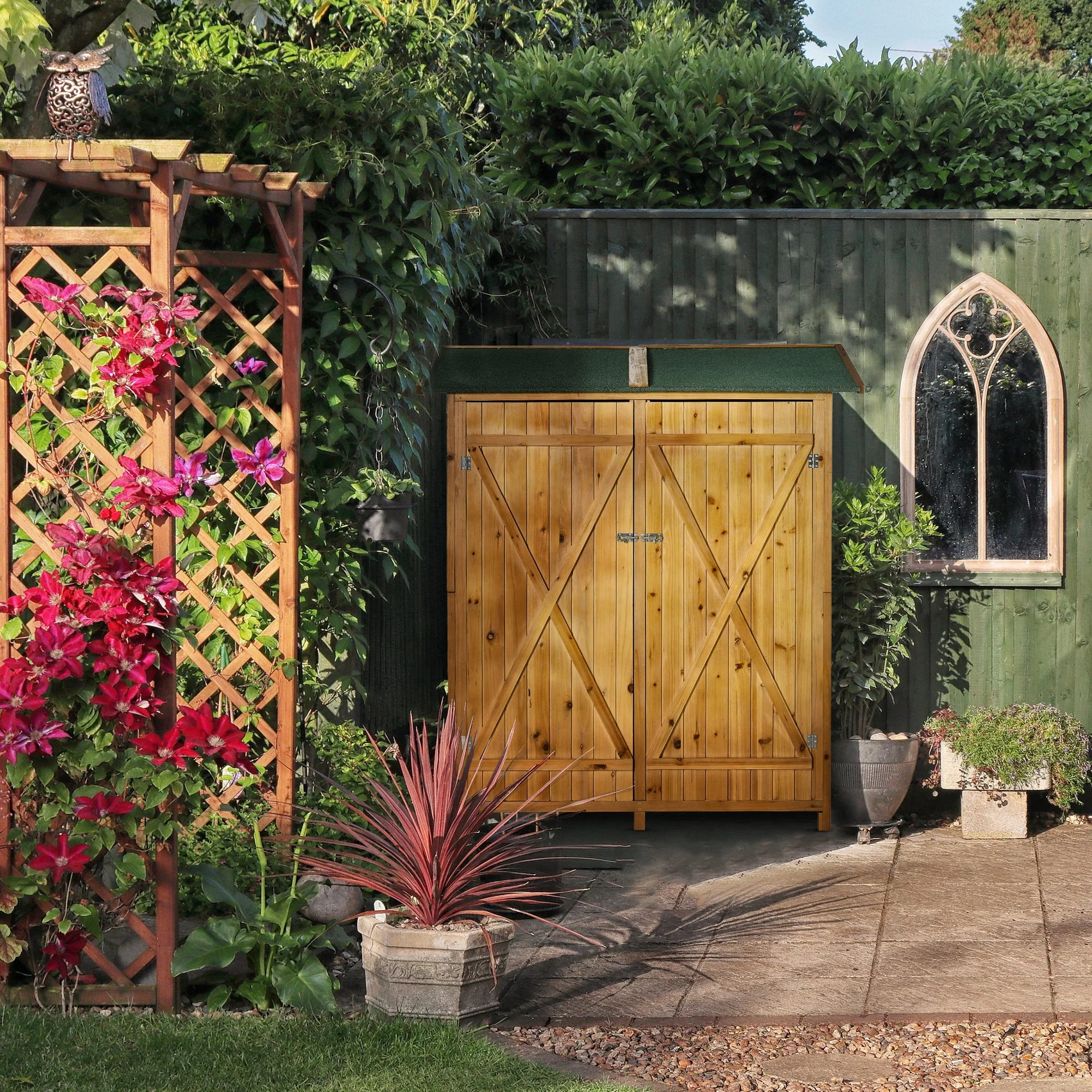 Small Wooden Tool Shed w/ Flexible Table, Asphalt Roof, Hooks & Ground Nails, 140x75x157cm, Natural - Image 4
