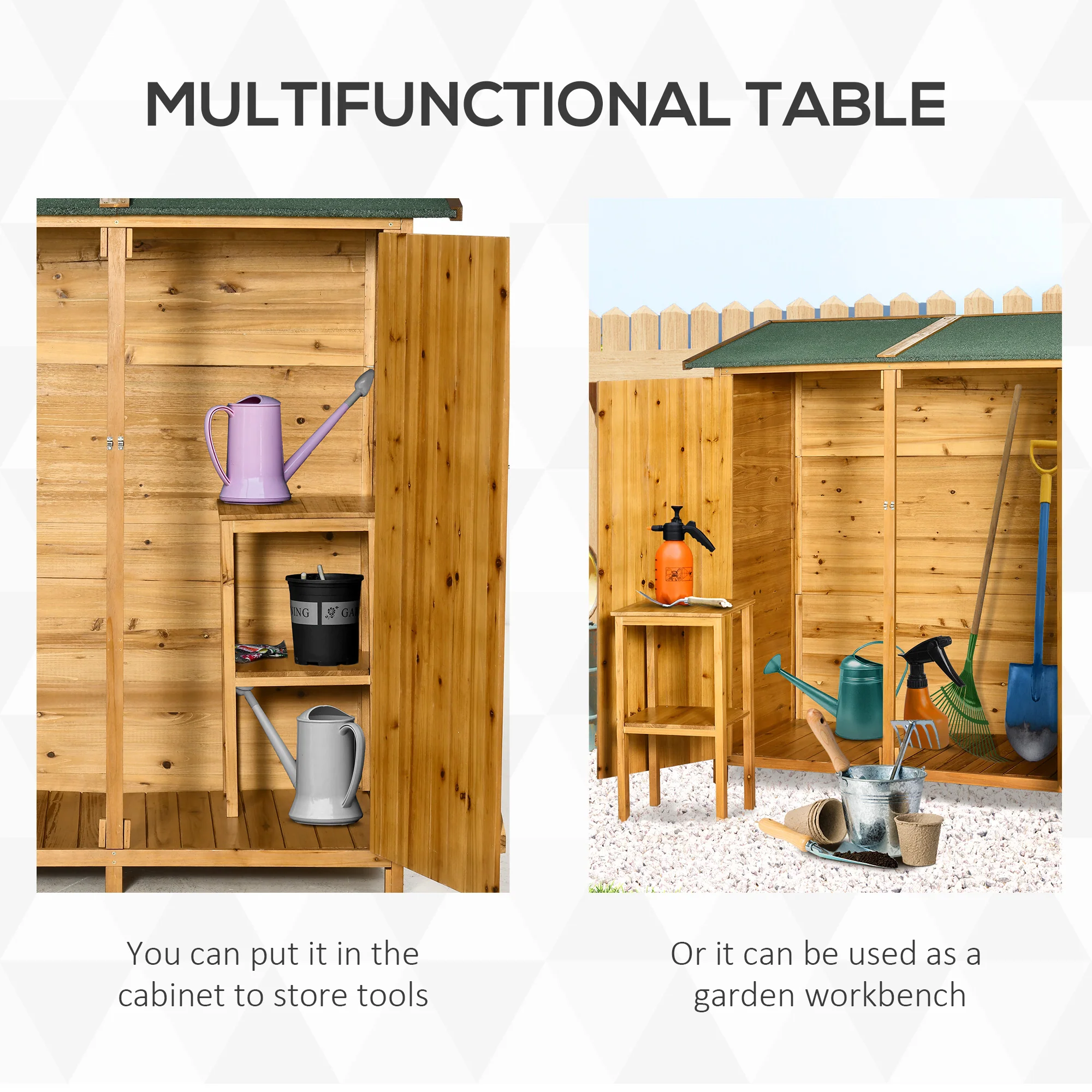 Small Wooden Tool Shed w/ Flexible Table, Asphalt Roof, Hooks & Ground Nails, 140x75x157cm, Natural - Image 6