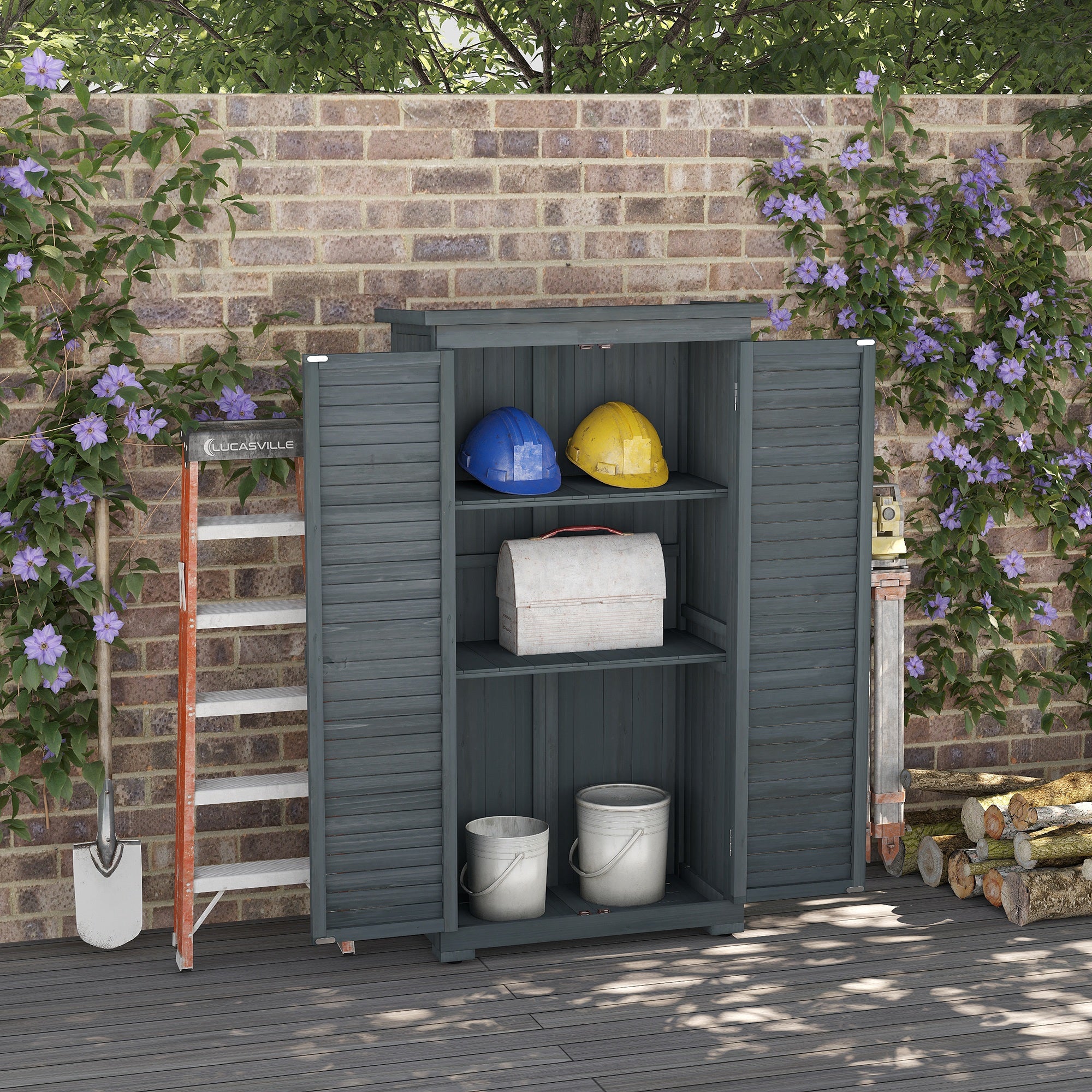 Small Wooden Tool Storage Cabinet w/ 3 Shelves, Asphalt Roof & Shutter Doors, 87x47x160cm, Grey - Image 4