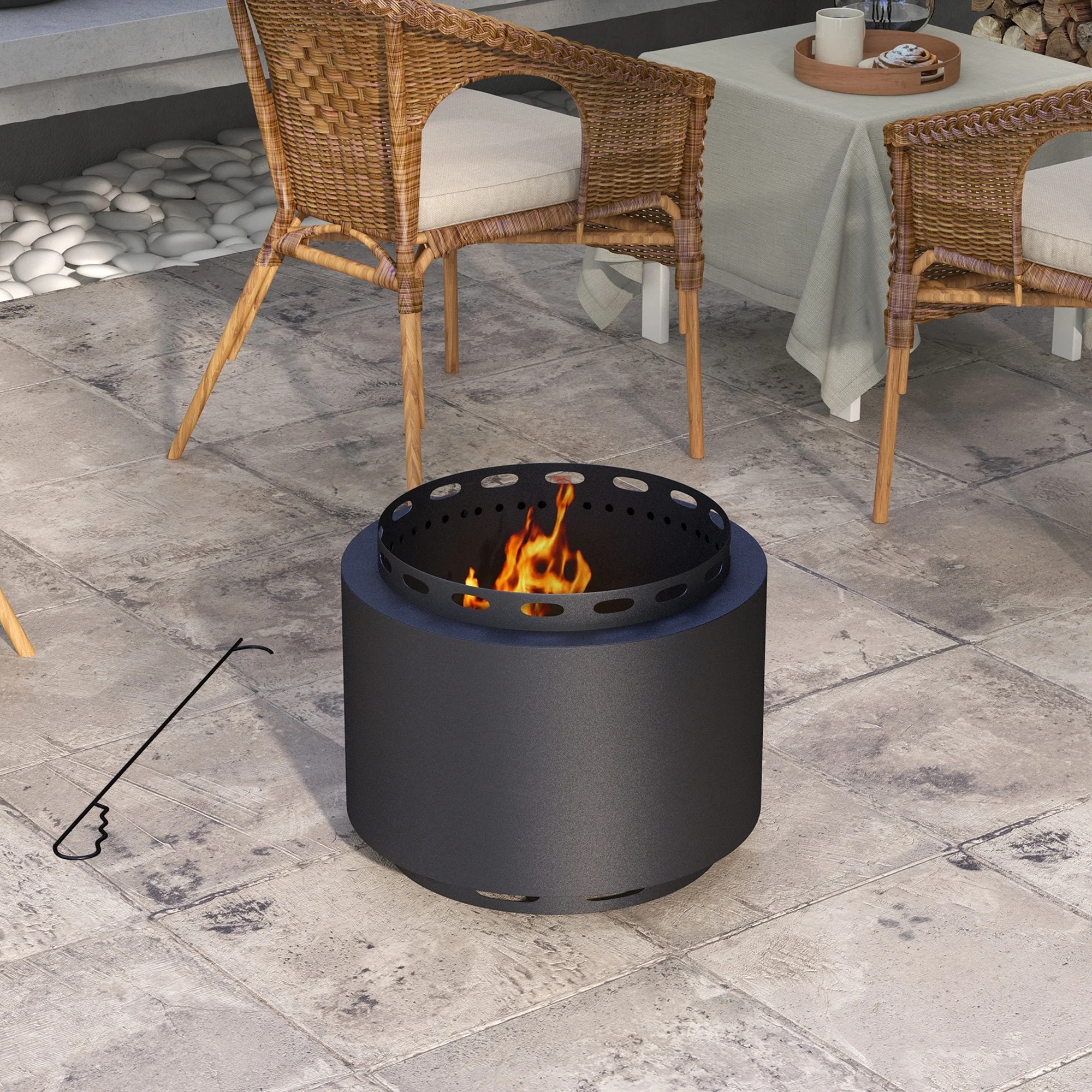 48.5cm Portable Wood Burning Firepit with Poker for Garden Camping, Metal, Black - Image 10