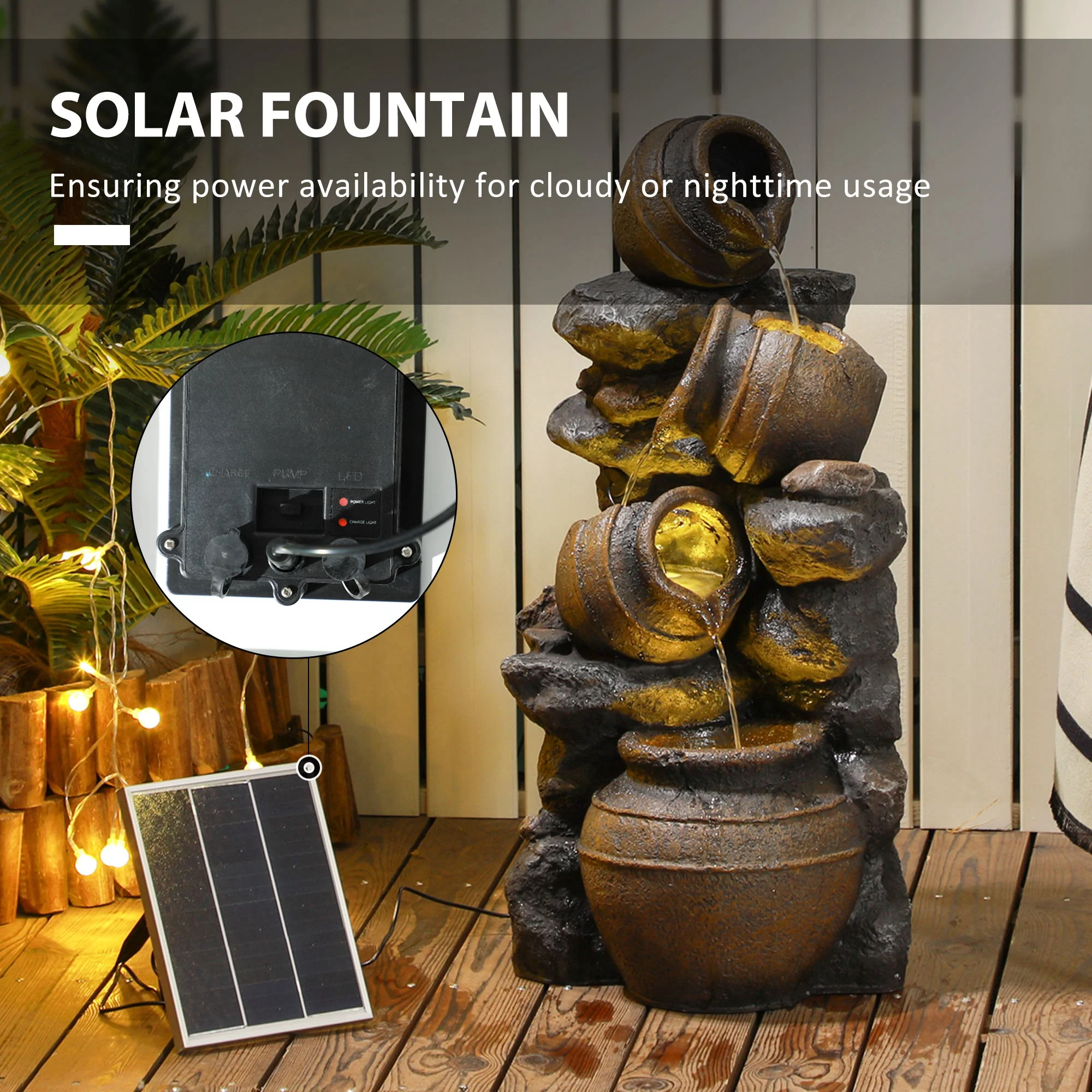 Solar Powered Garden Water Feature w/ LED Lights, Pump & Jars Waterfall Ornament, 72cm Height - Image 7