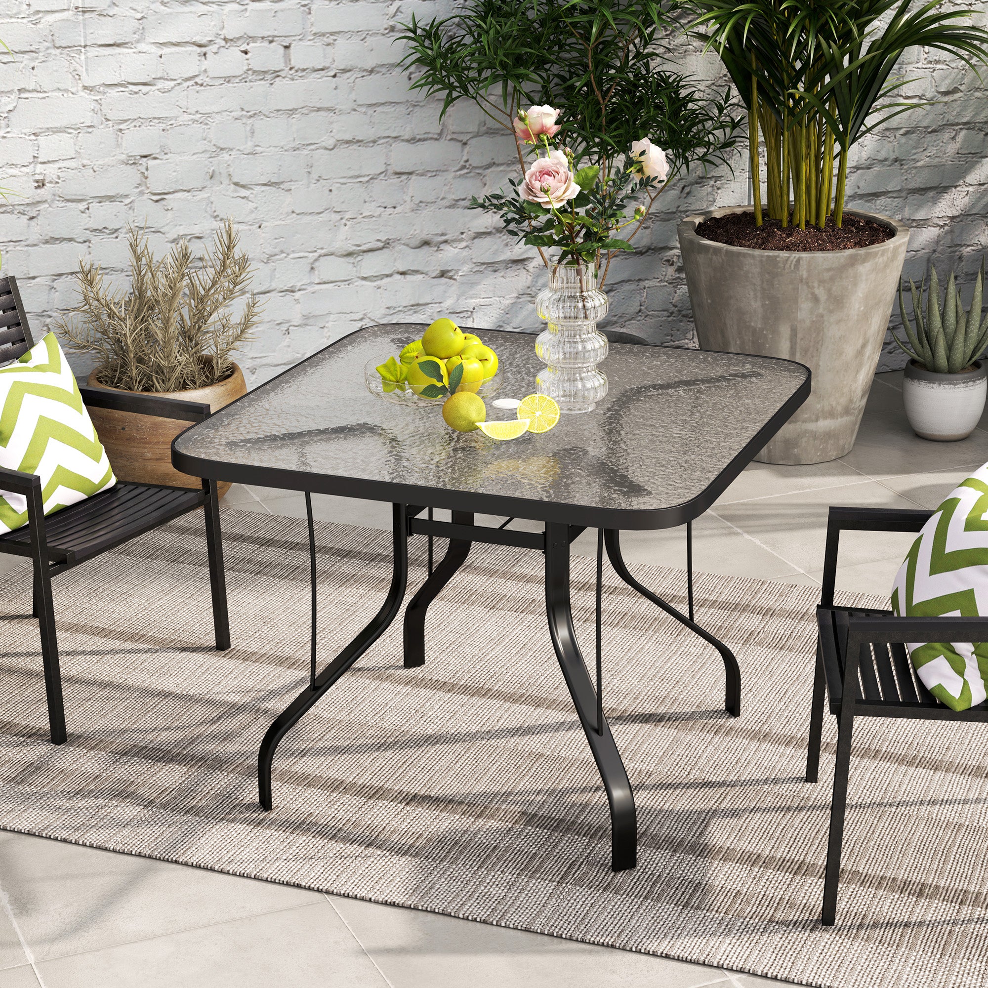Square Patio Dining Table w/ 2.1" Umbrella Hole & Tempered Glass for Garden, Black - Image 10