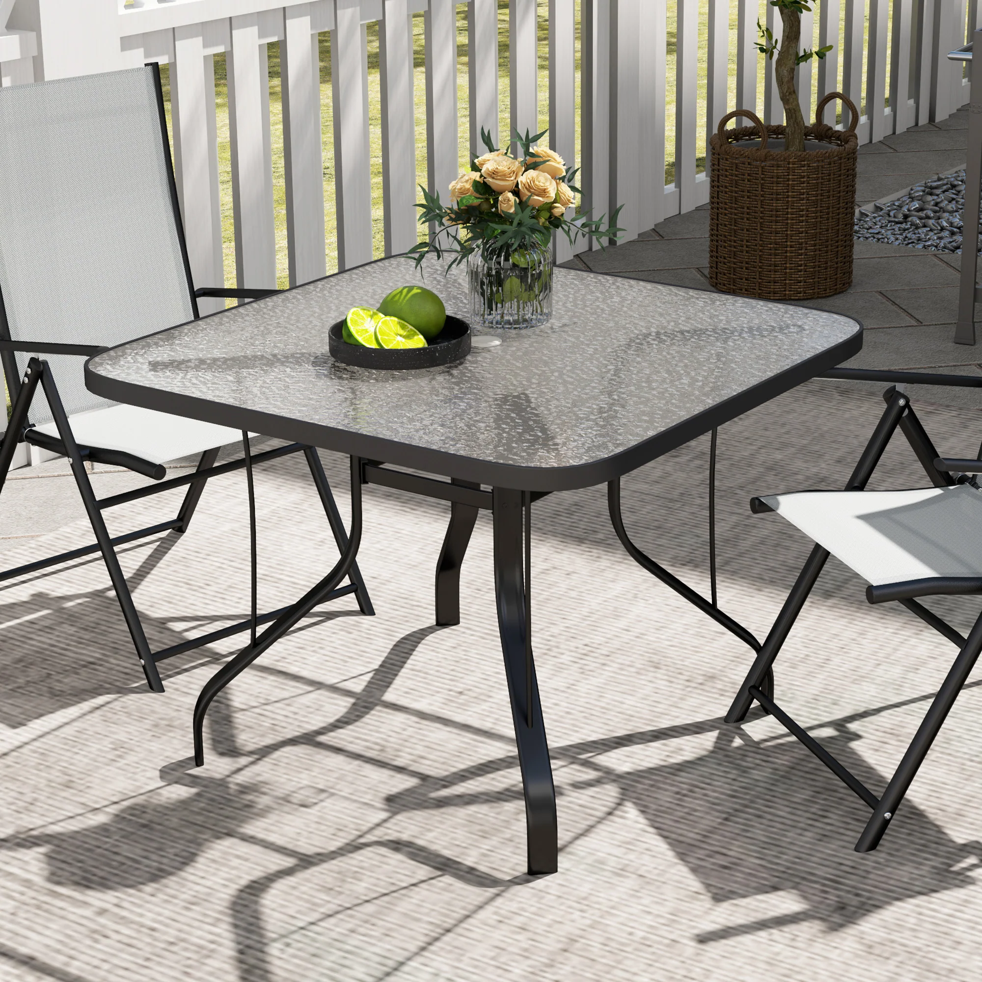 Square Patio Dining Table w/ 2.1" Umbrella Hole & Tempered Glass for Garden, Black - Image 4