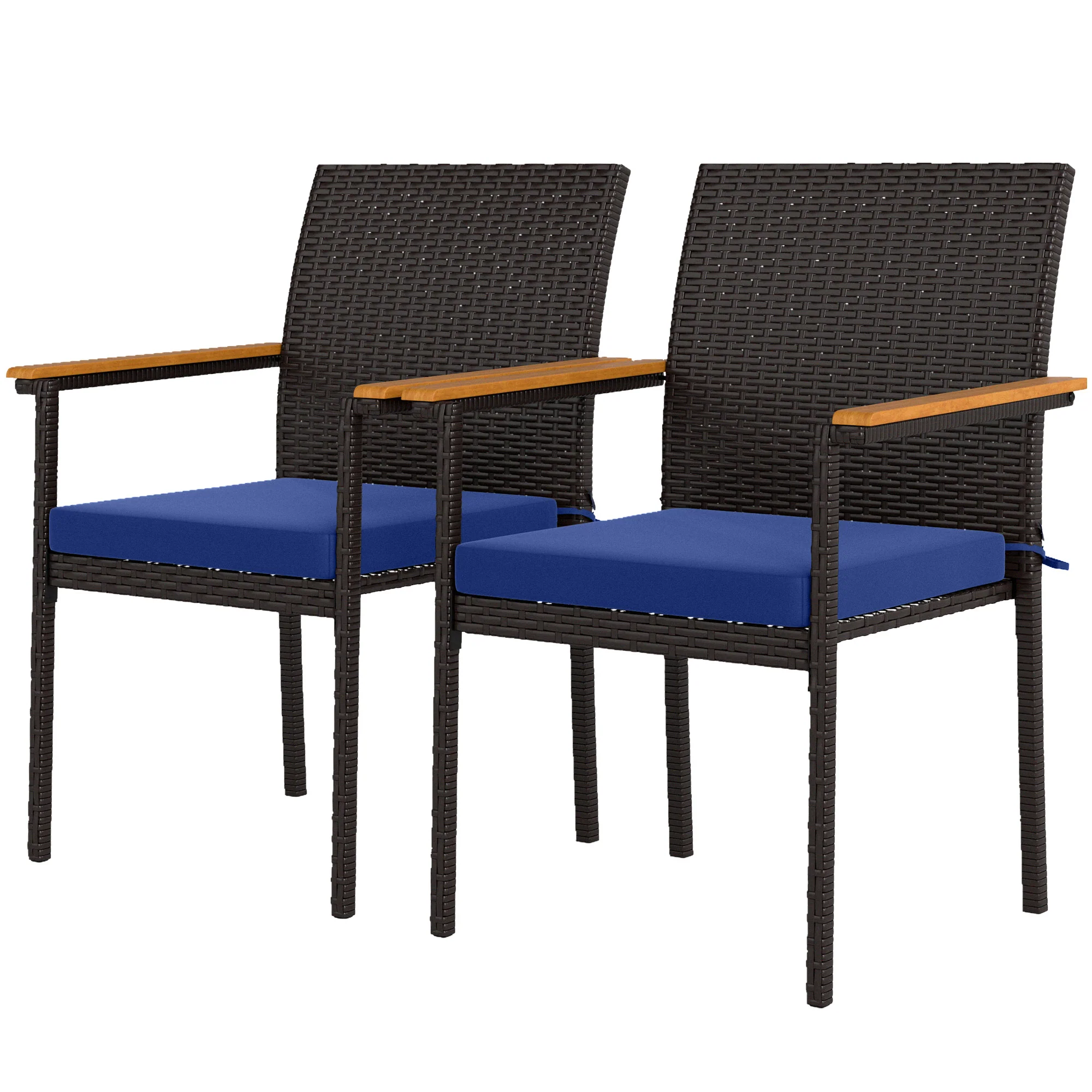 Stackable Wicker Patio Chairs Set of 2 with Removable Cushion & Armrest, Navy Blue - Image 2