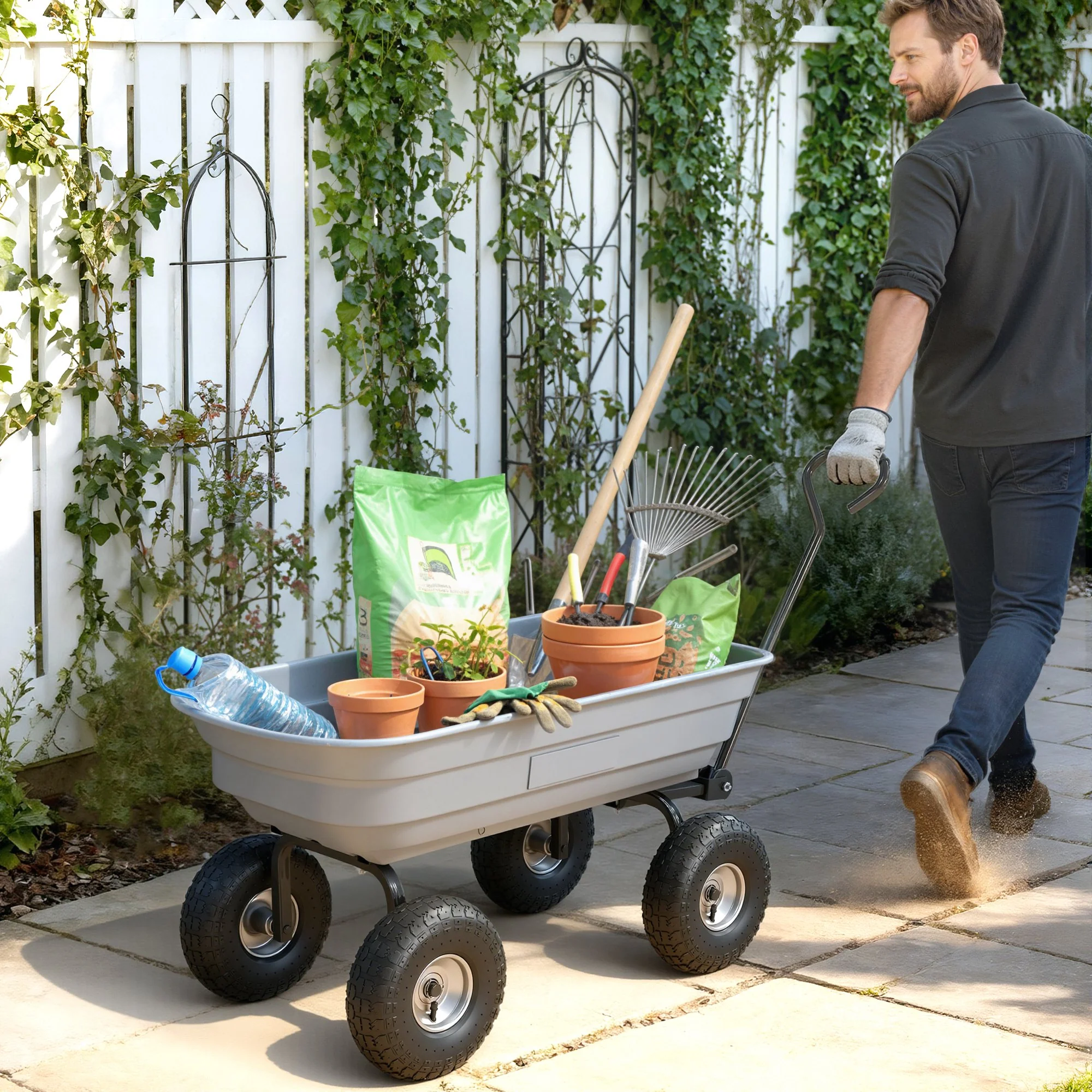 Steel Garden Cart with Handle and 10" Pneumatic Tires, Utility Wagon Cart for Garden Patio Lawn, 551lbs Capacity, Grey - Image 3