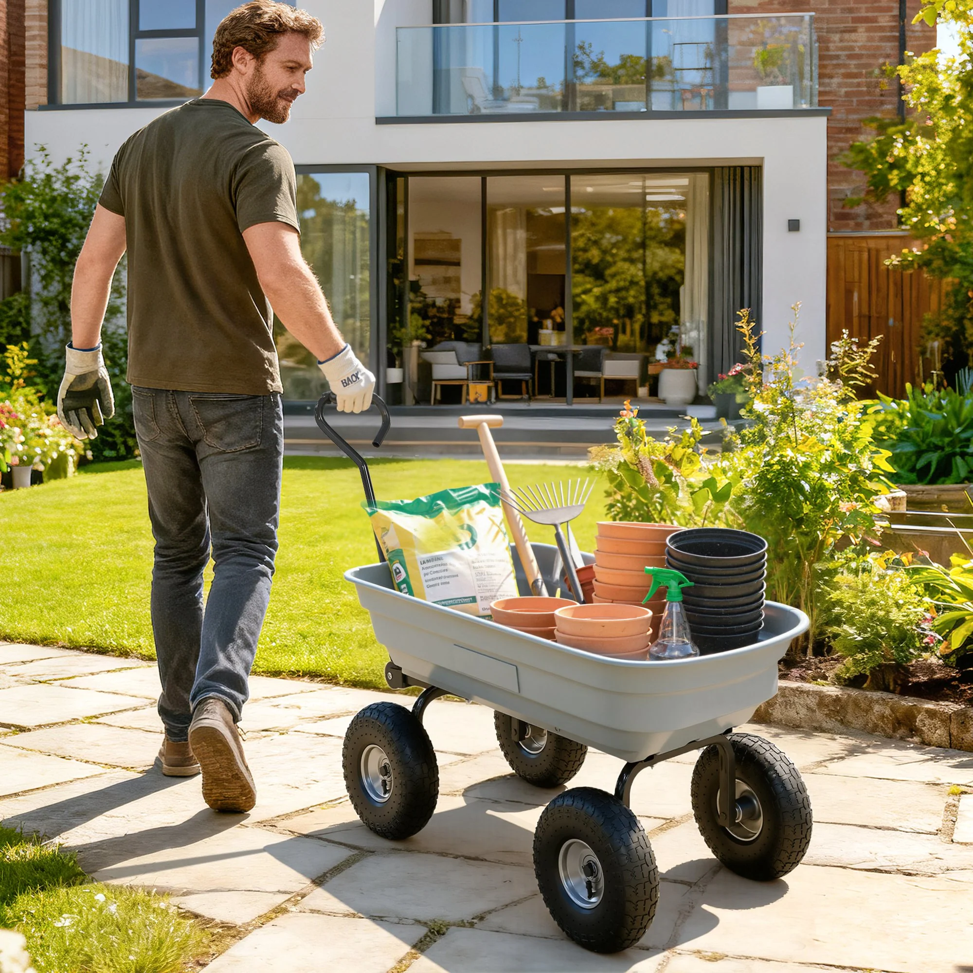 Steel Garden Cart with Handle and 10" Pneumatic Tires, Utility Wagon Cart for Garden Patio Lawn, 551lbs Capacity, Grey - Image 4