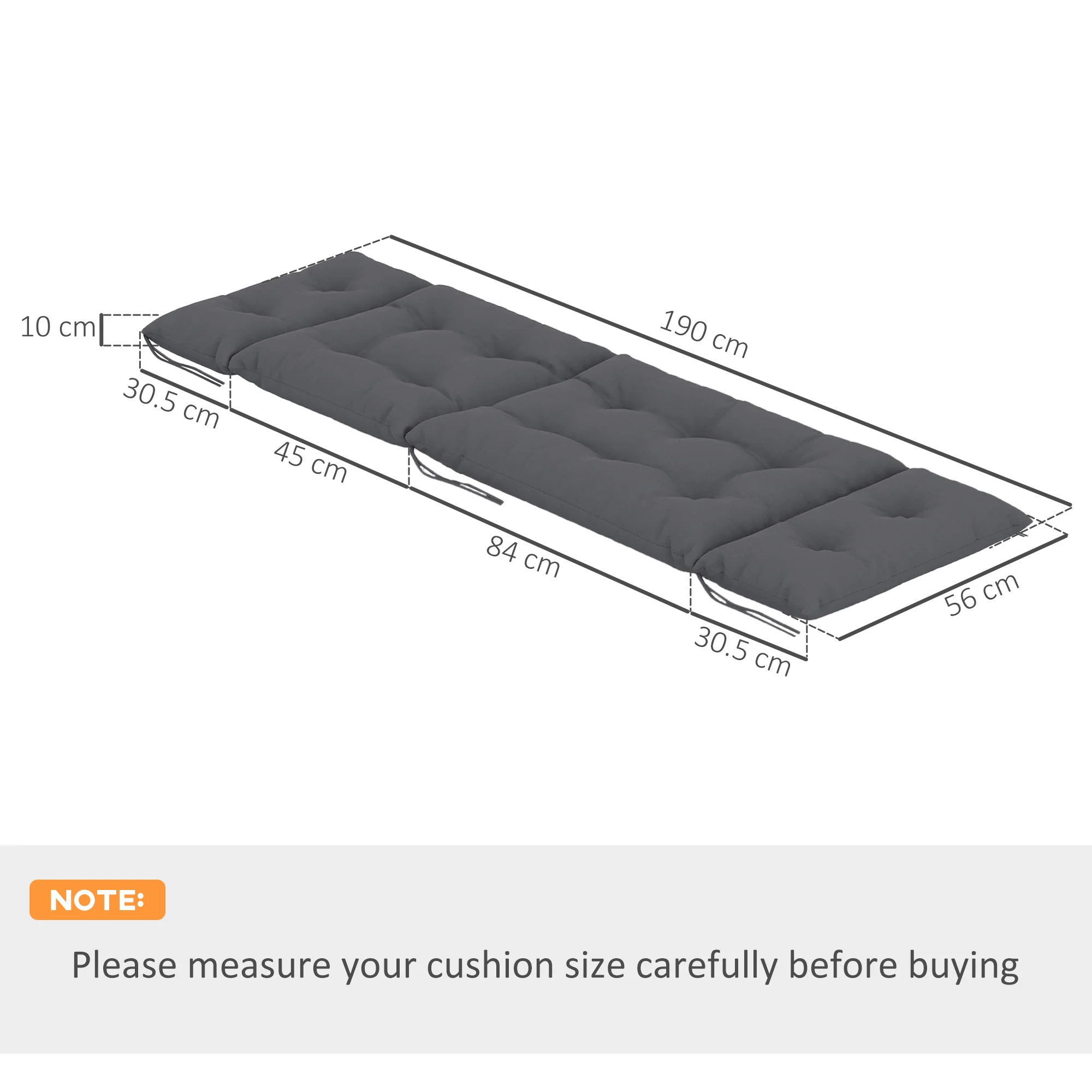 Lounge Chair Cushions Set of 2, Thick Sunbed Replacement Pads, 190 x 56 x 10cm, Dark Grey - Image 5