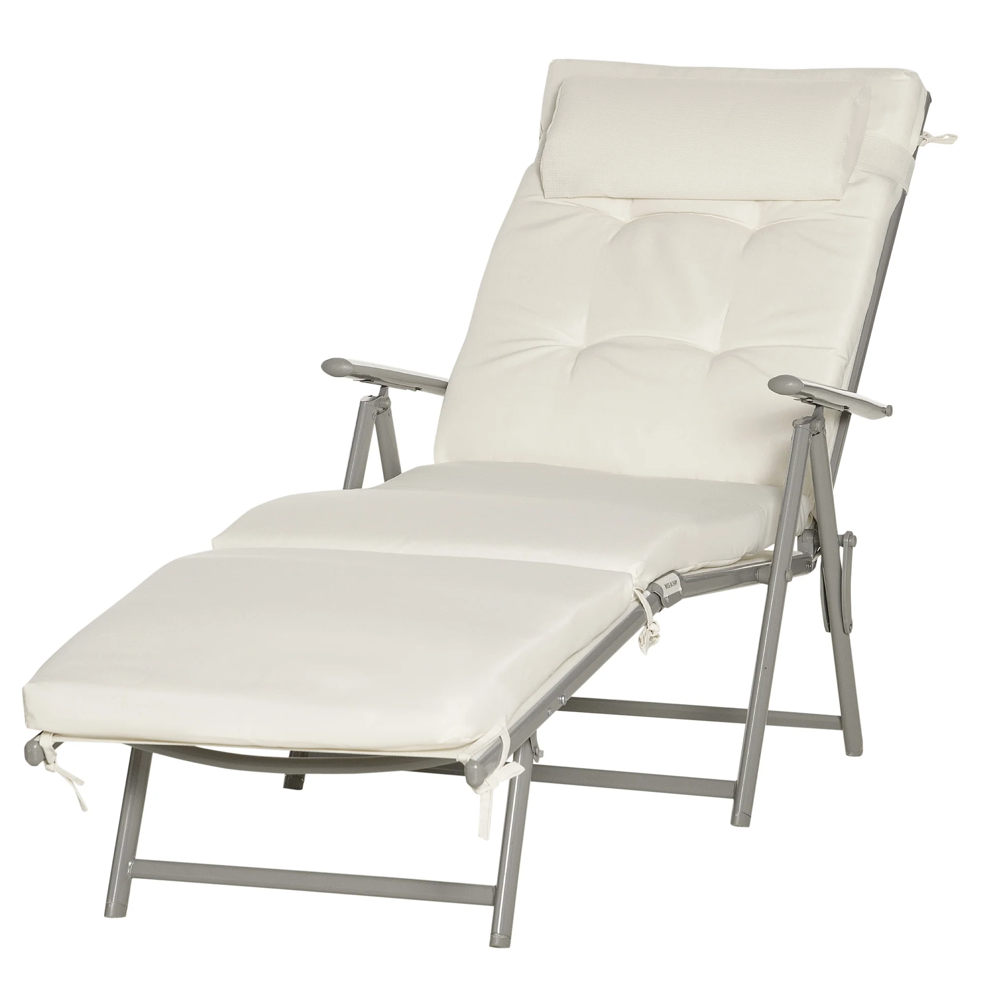 Steel Frame Folding Sun Lounger with Headrest & 7-Level Adjustable Backrest, Cream White - Image 2