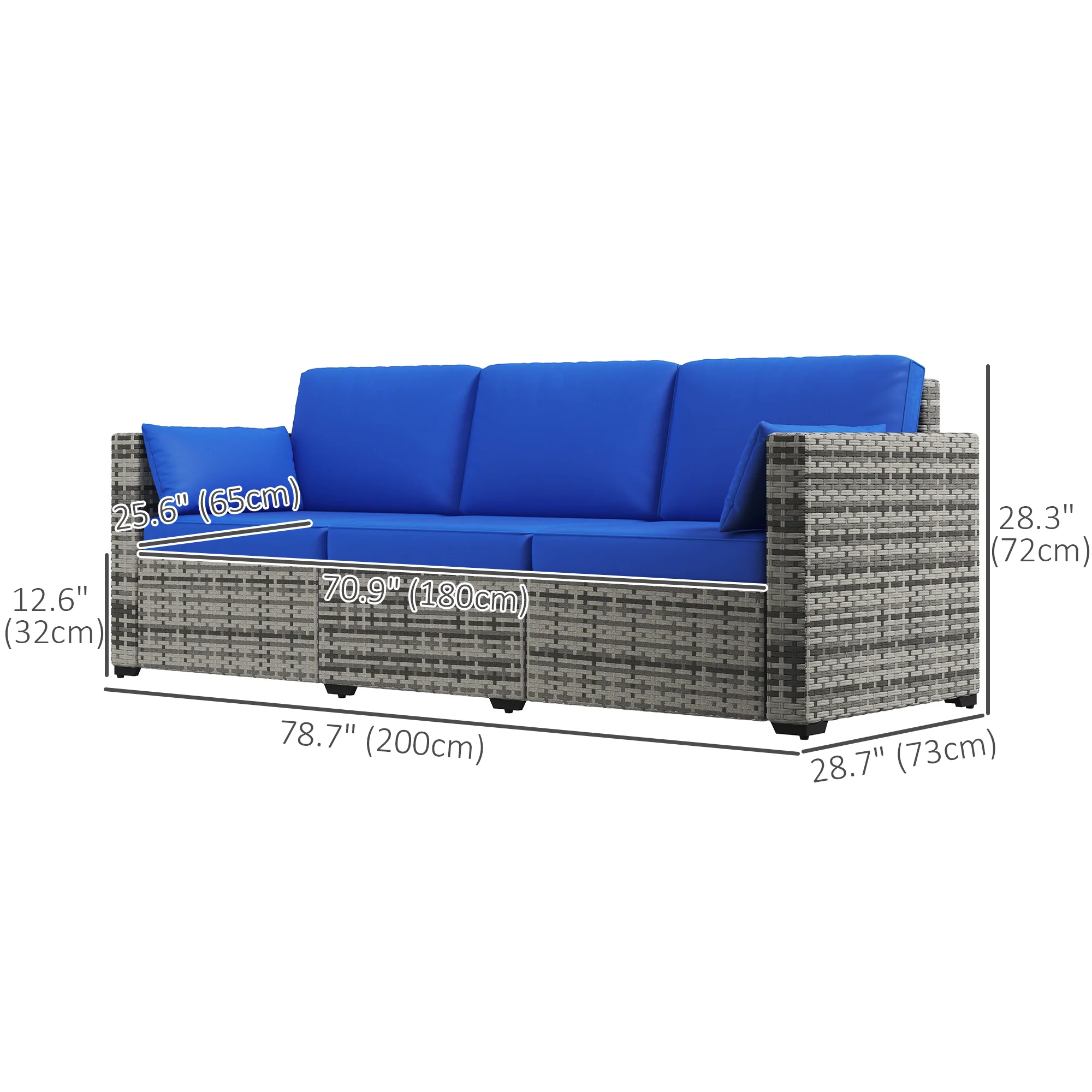 3-Seat Outdoor Sofa with Cushions, PE Rattan Conversation Couch with Pillows, Blue - Image 5