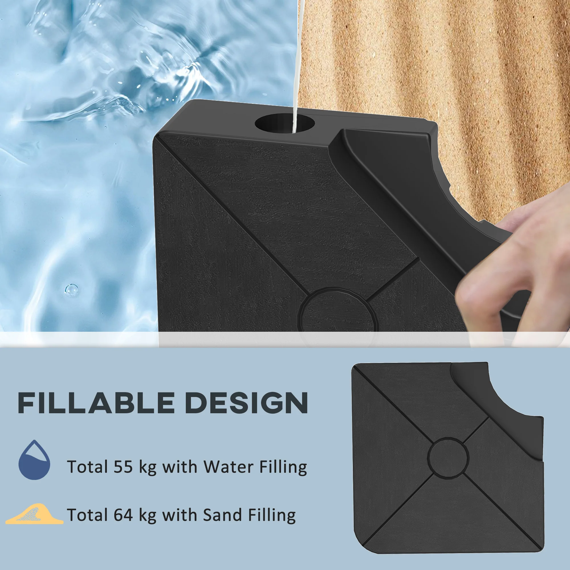 Set of 4 Umbrella Weights for Cantilever Parasol, 64kg Sand or 55kg Water Filled, Black - Image 7