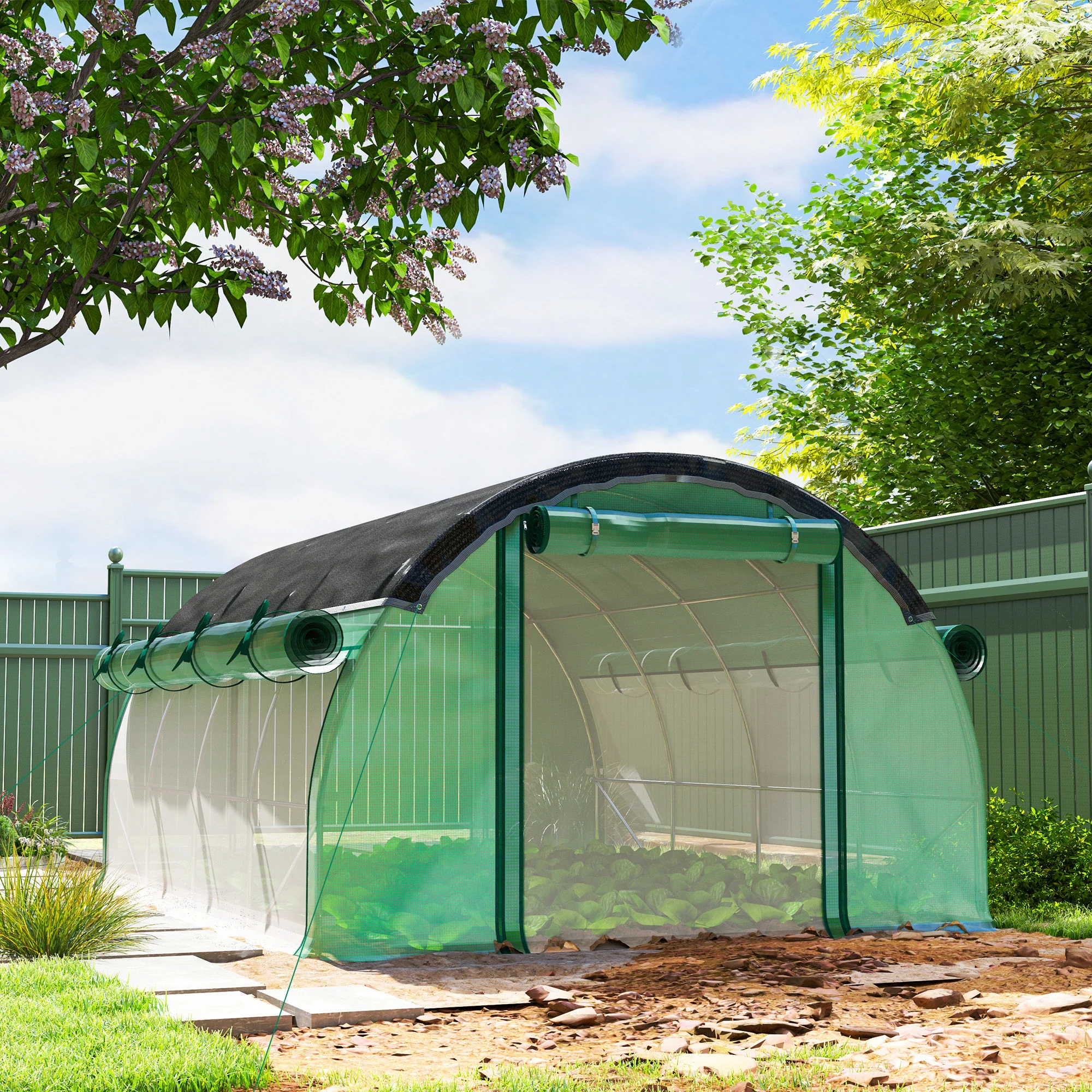 Walk-in Tunnel Greenhouse, Plant Hot House with Sunshade Net, Roll-up Mesh Sidewalls, 2 Doors, 10' x 13' x 6.5' , Green - Image 4