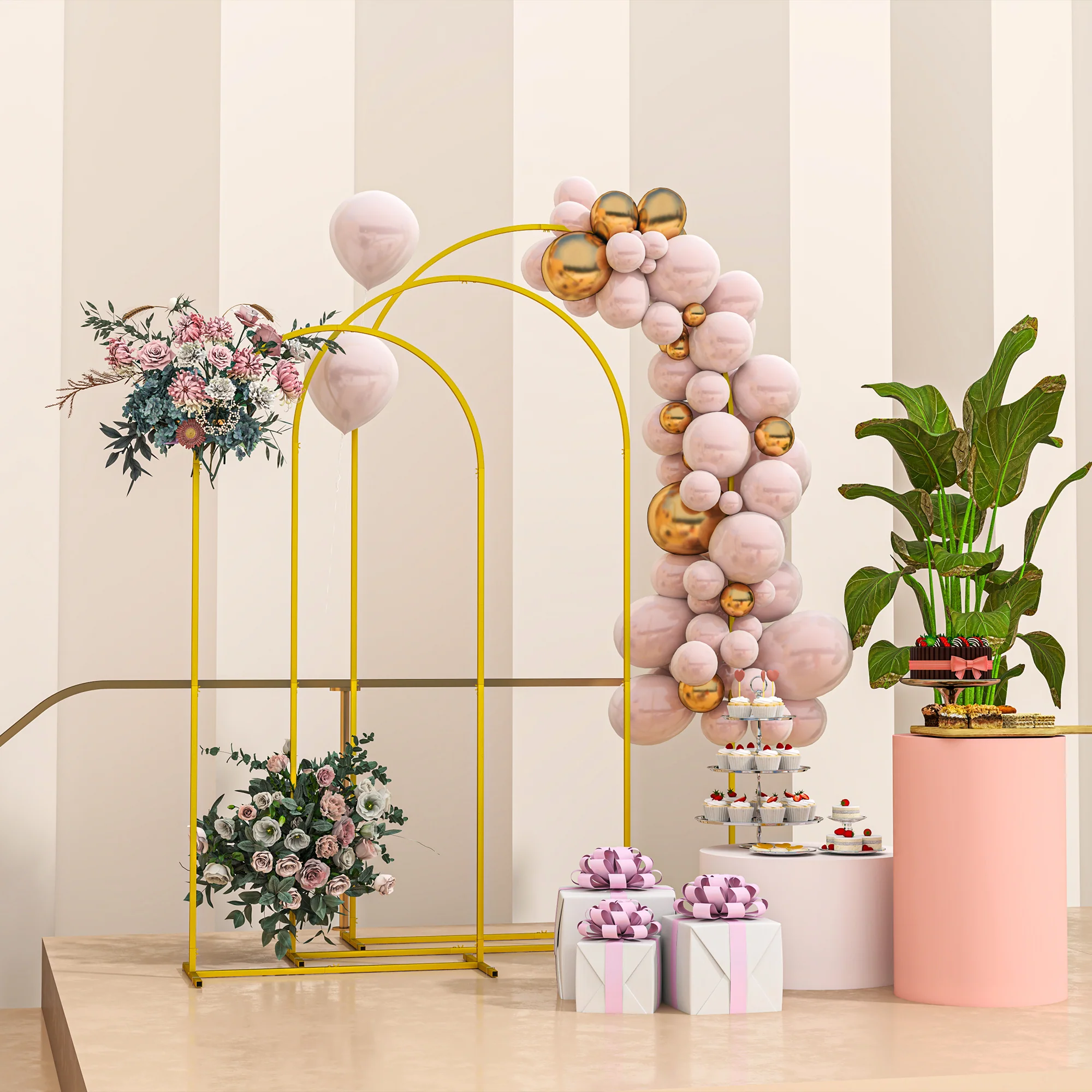 7/6.5/6 ft Metal Balloon Arch Backdrop Stand for Birthday Party, Ceremony, Set of 3, Gold - Image 4