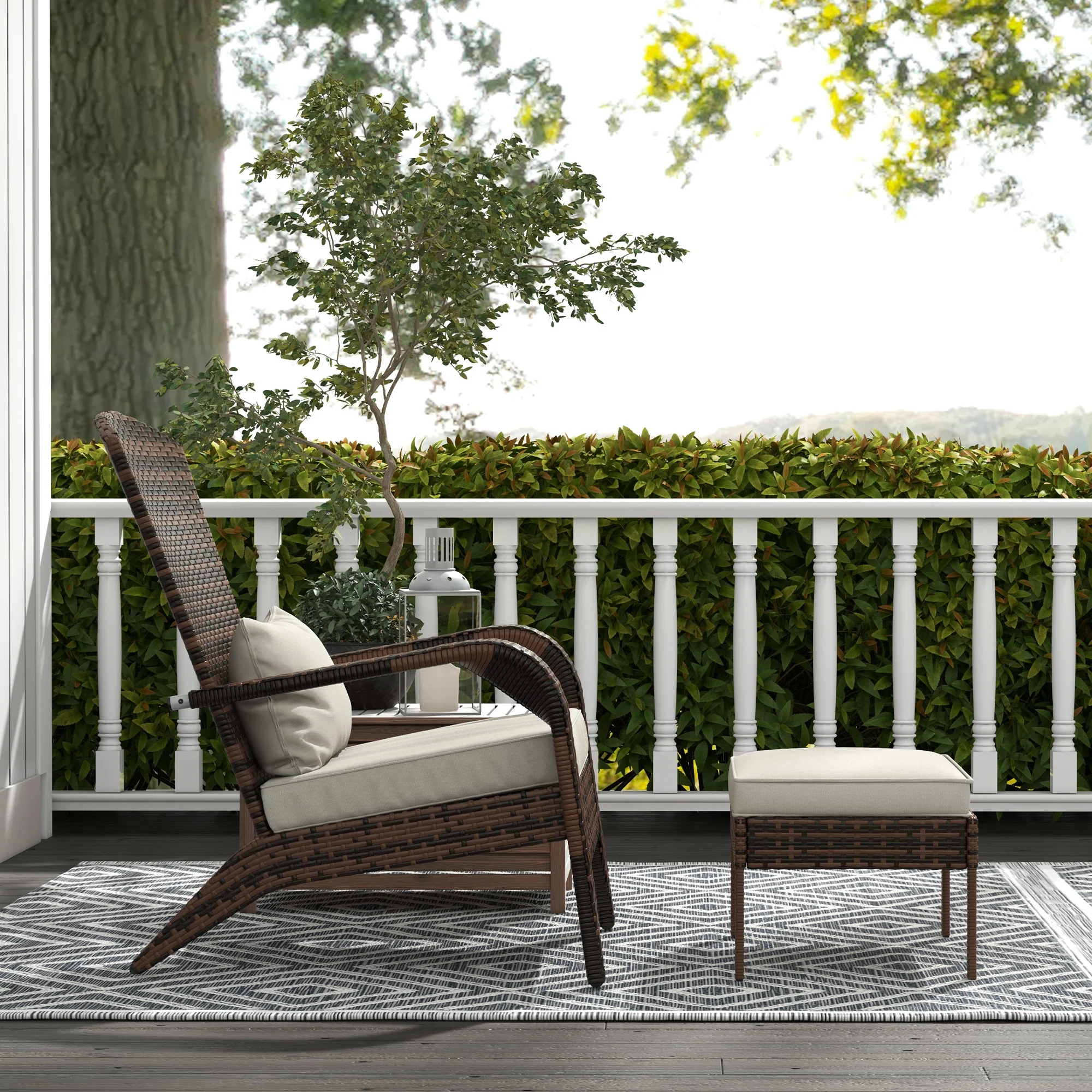 Wicker Adirondack Chair, Outdoor Muskoka Chair with Ottoman, High-back & Armrests, Brown - Image 9