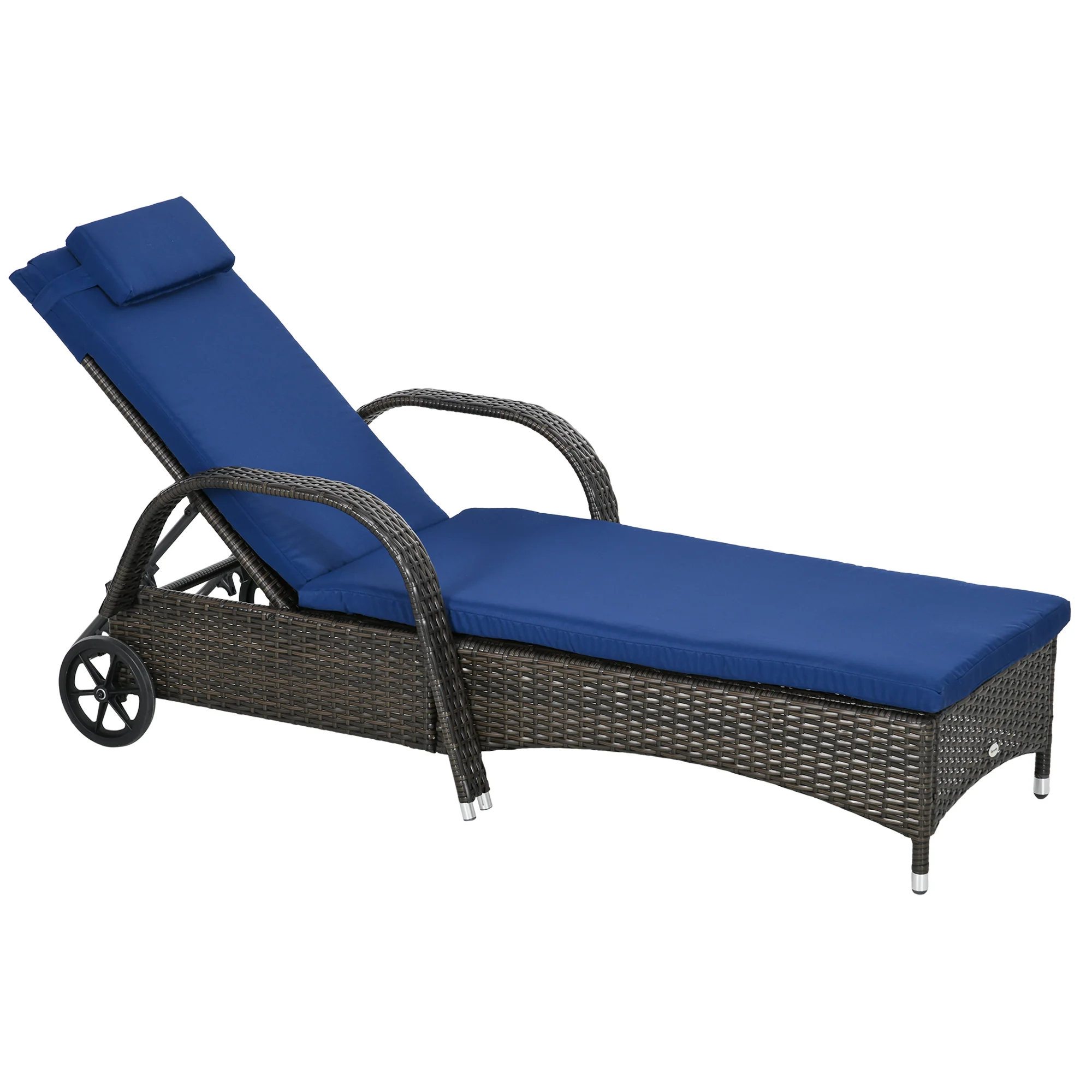 Outdoor Deck Lounge Chair with Headrest, 5-Level Adjustable, Backrest, Wheels, Dark Blue - Image 12