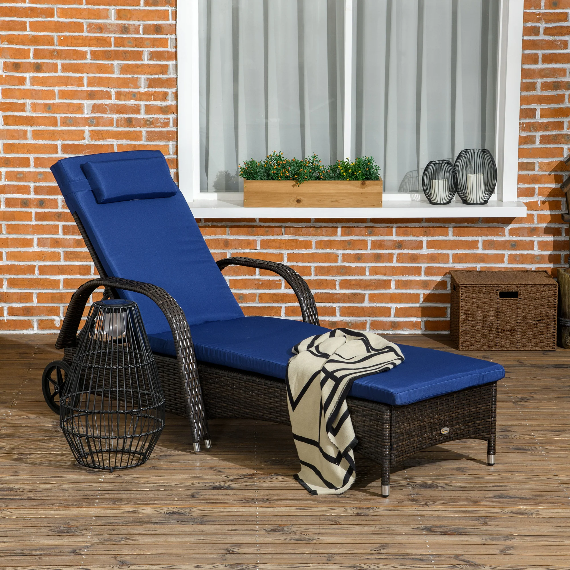 Outdoor Deck Lounge Chair with Headrest, 5-Level Adjustable, Backrest, Wheels, Dark Blue - Image 3