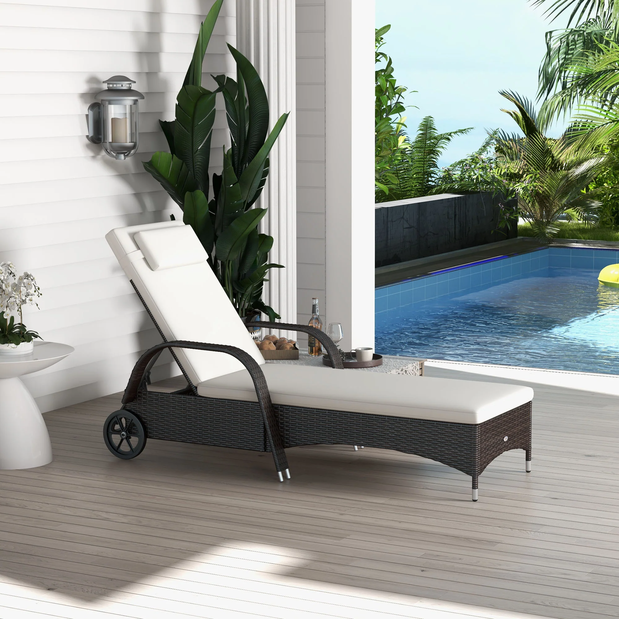 Outdoor Deck Lounge Chair with Headrest, 5-Level Adjustable, Backrest, Wheels, Cream White - Image 4