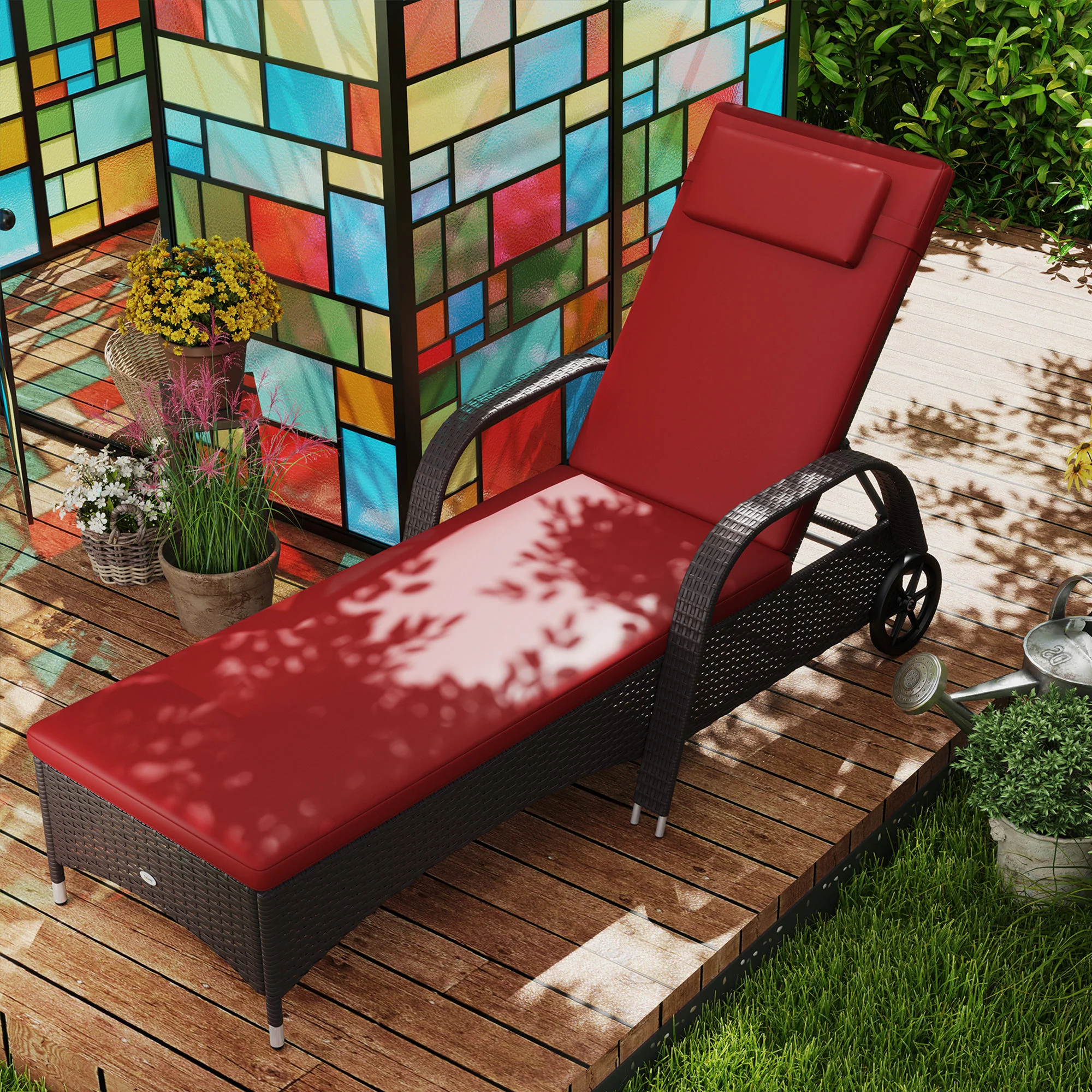 Outdoor Deck Lounge Chair with Headrest, 5-Level Adjustable, Backrest, Wheels, Wine Red - Image 11
