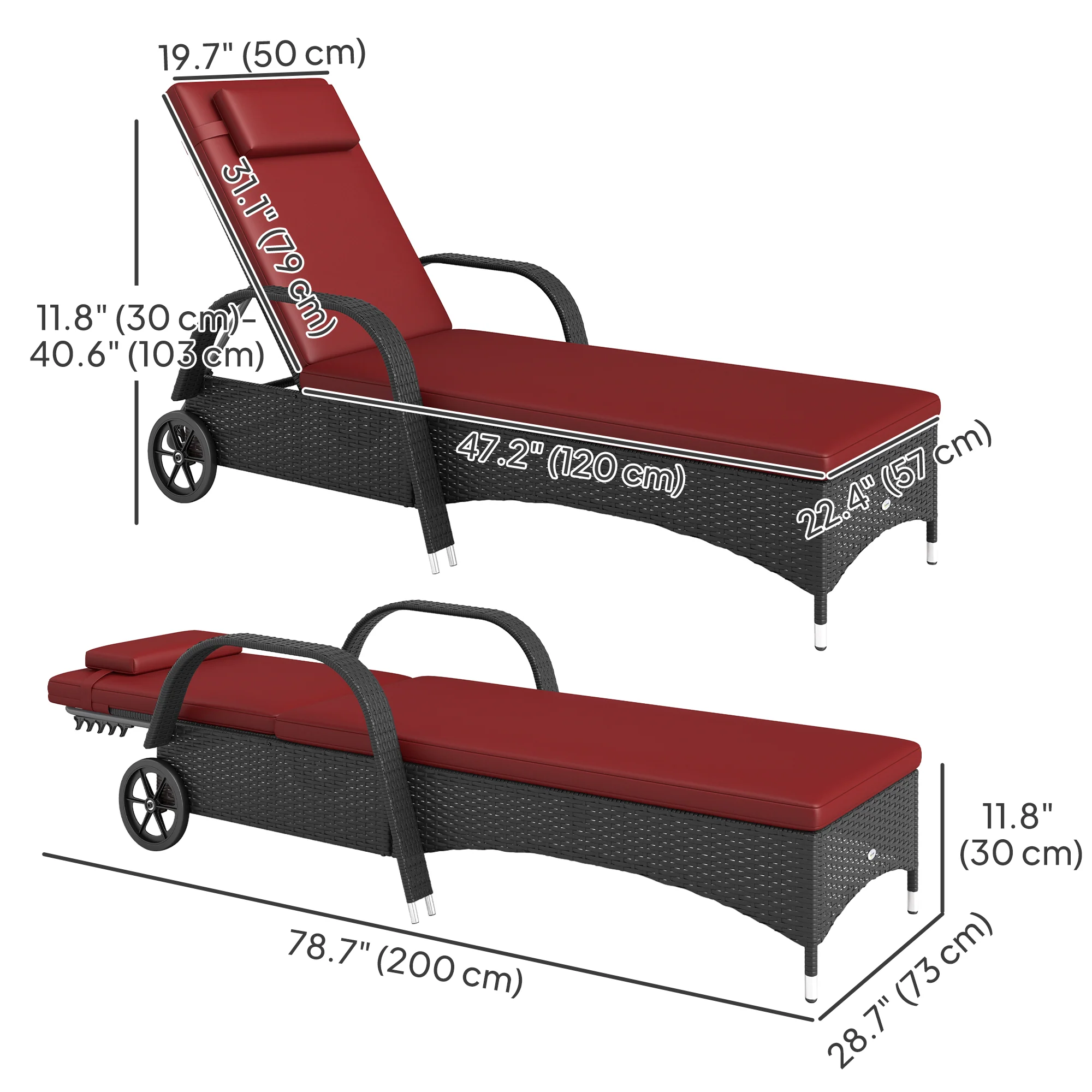 Outdoor Deck Lounge Chair with Headrest, 5-Level Adjustable, Backrest, Wheels, Wine Red - Image 5