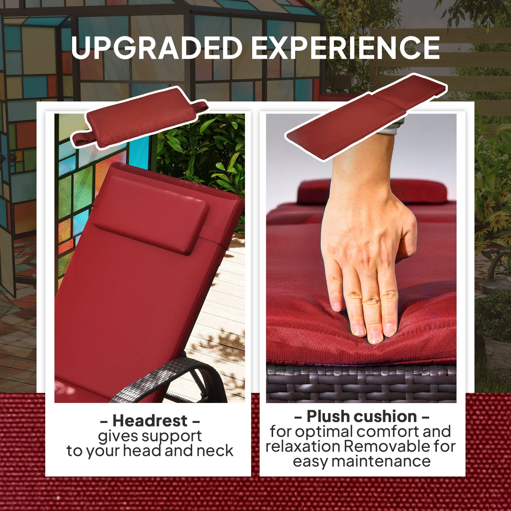 Outdoor Deck Lounge Chair with Headrest, 5-Level Adjustable, Backrest, Wheels, Wine Red - Image 7