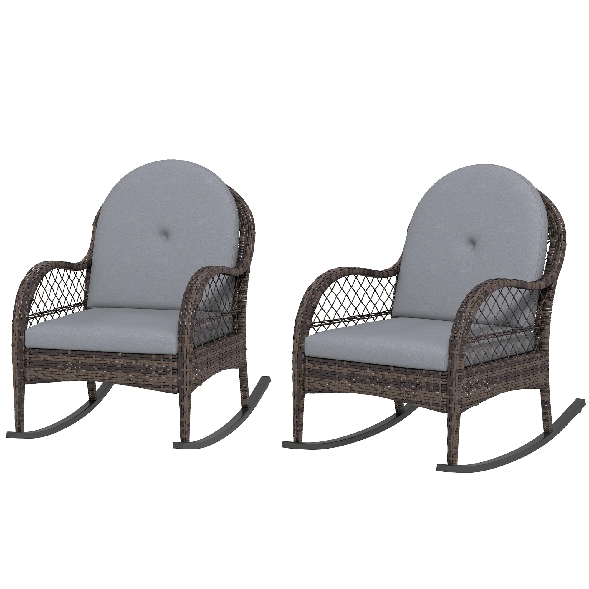2 Pieces Wicker Rocking Patio Chair Set with Cushions & Armrests for Porch, Grey - Image 2