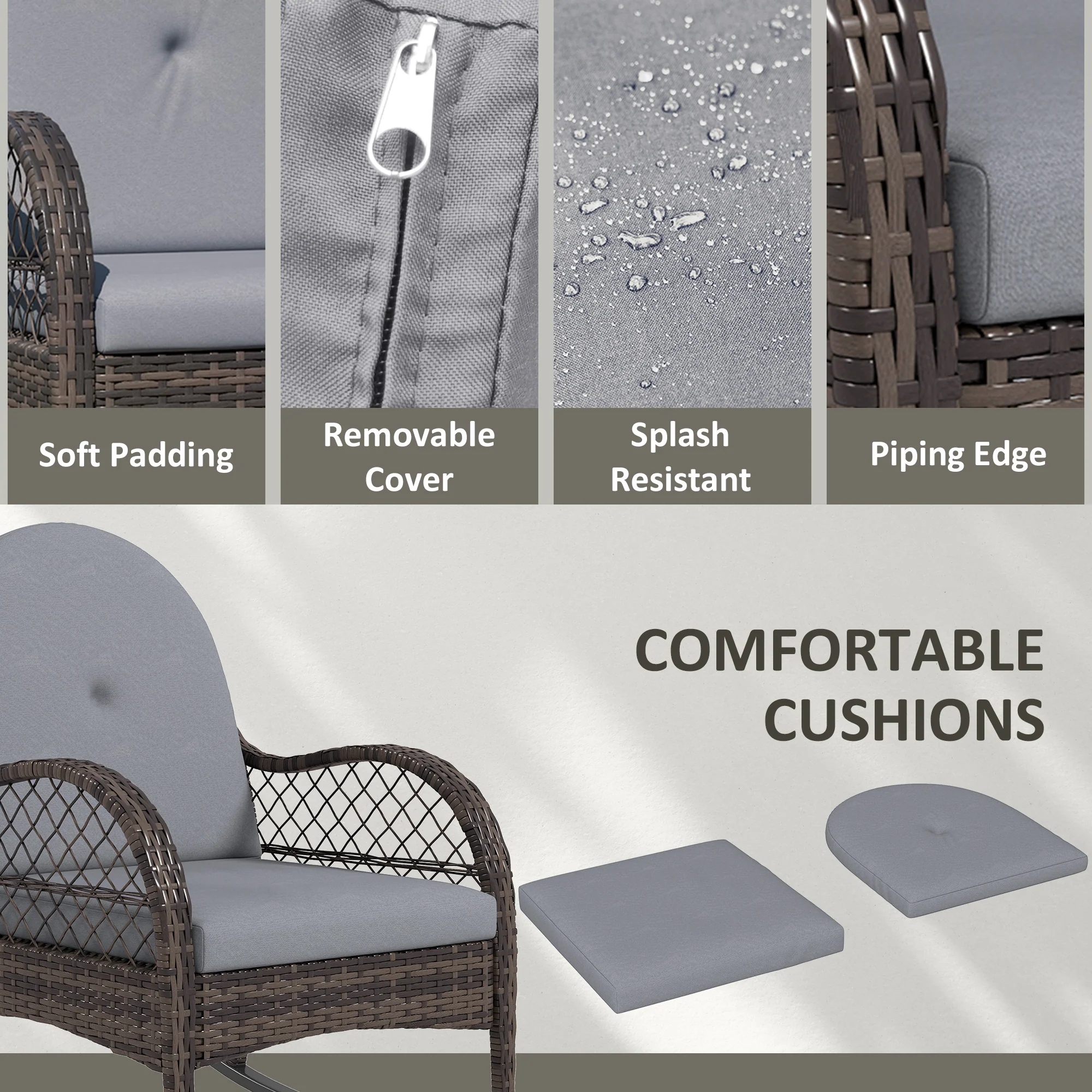 2 Pieces Wicker Rocking Patio Chair Set with Cushions & Armrests for Porch, Grey - Image 8