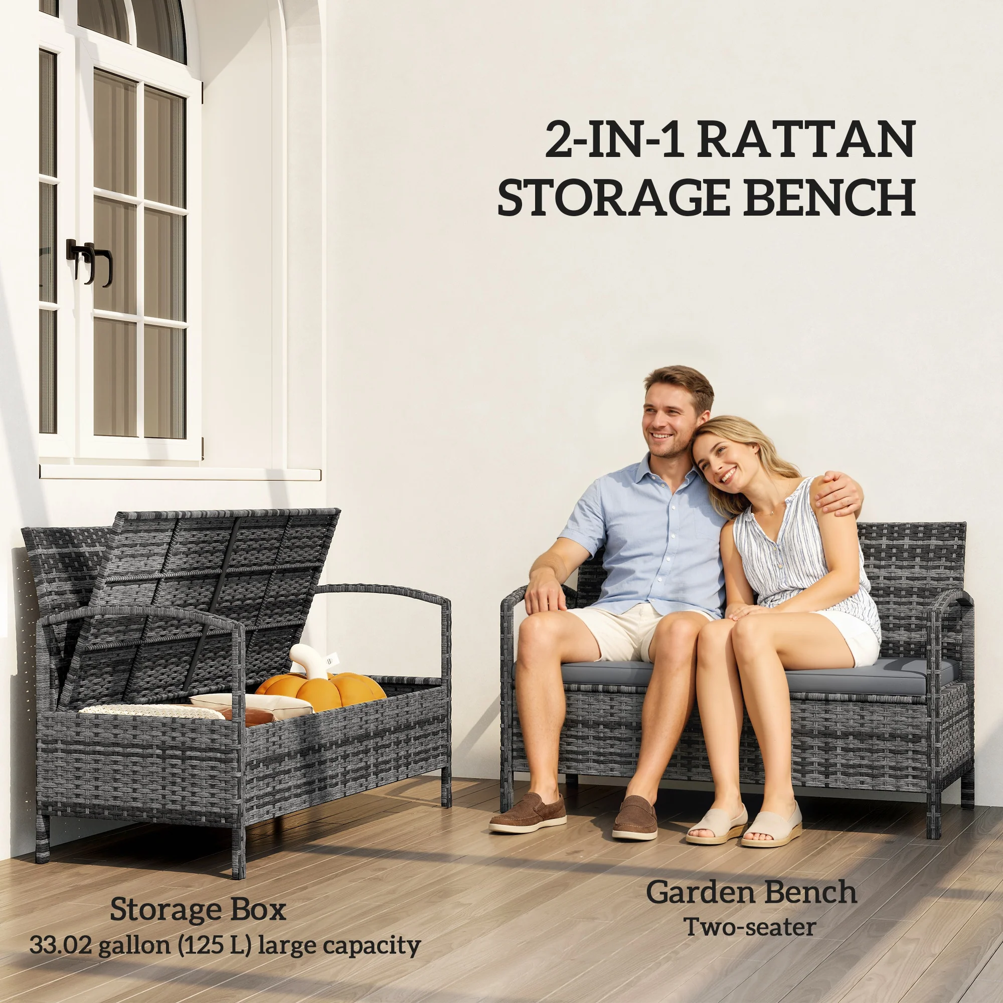 33 Gallon Outdoor Storage Bench, Wicker Deck Box Patio Bench Seat with Cushion, Grey - Image 6