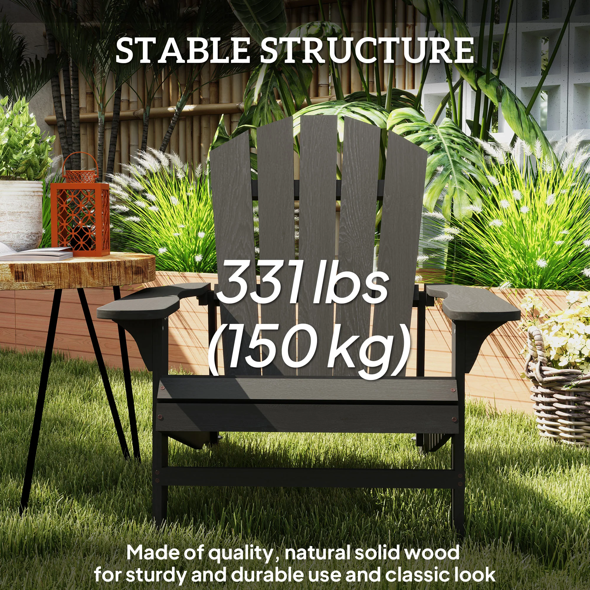 Wood Adirondack Muskoka Chair with Slatted Design for Deck, Garden, Backyard, Black - Image 7
