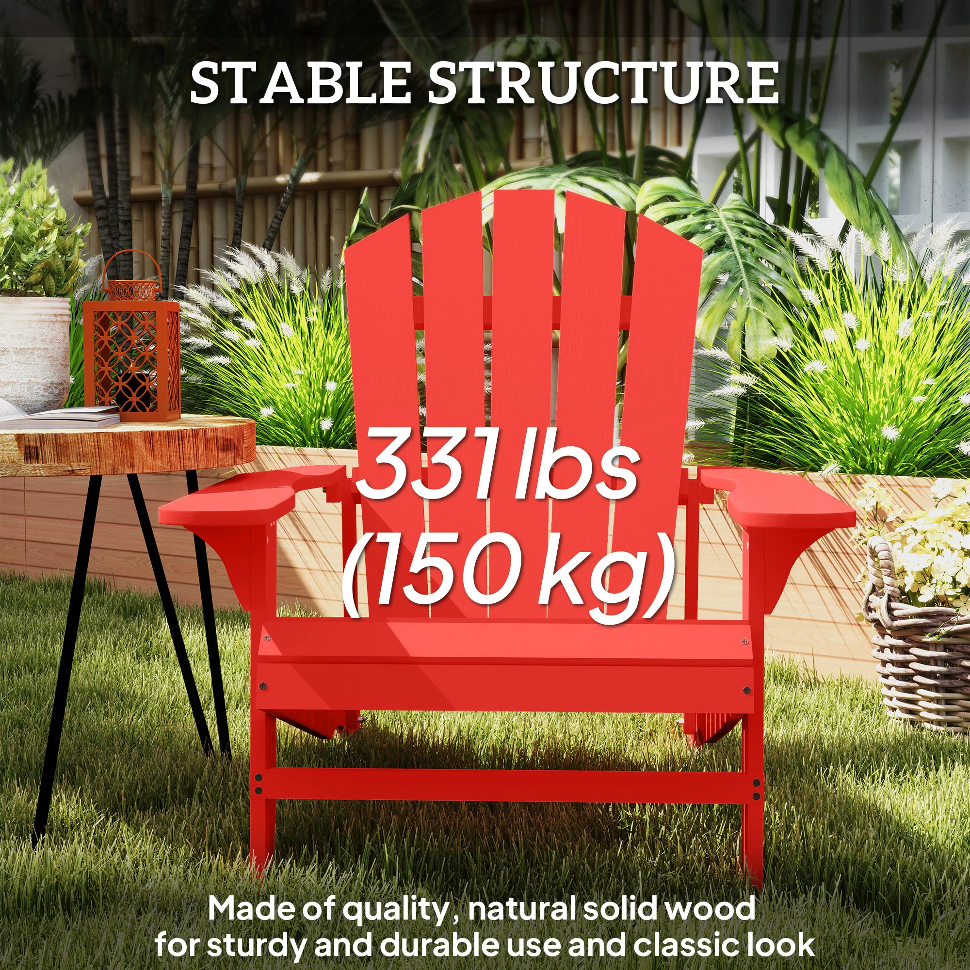 Wood Adirondack Muskoka Chair with Slatted Design for Deck, Garden, Backyard, Red - Image 7