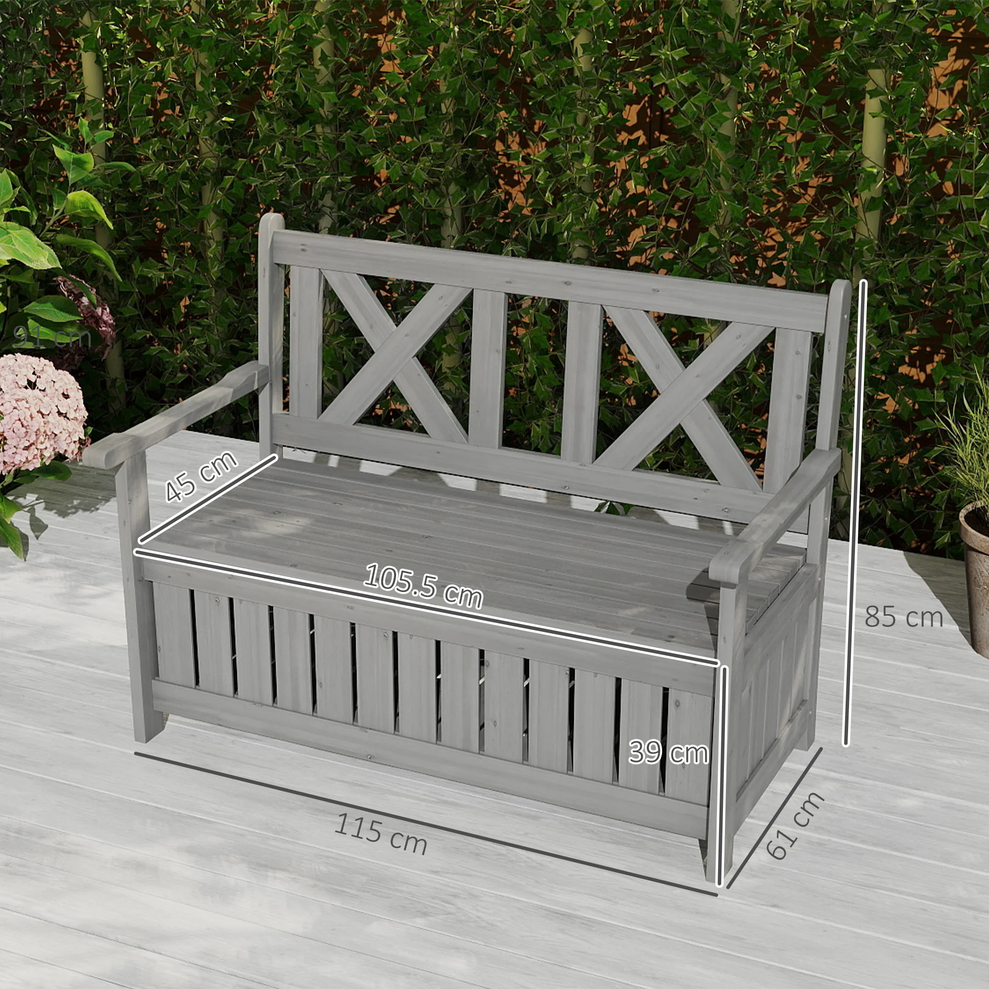 2 Seater Wooden Garden Bench with Storage Chest, High Backrest & Armrests, Charcoal Grey - Image 5