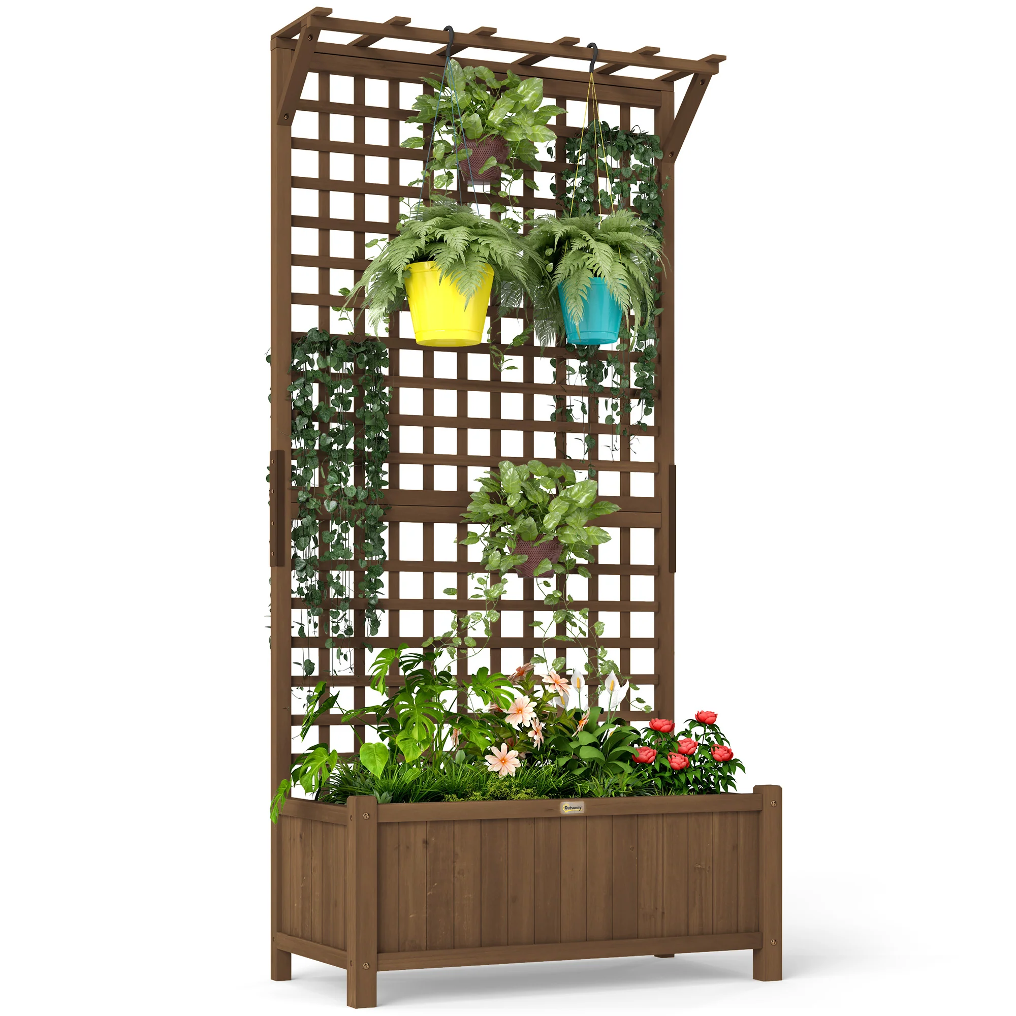 Wood Planter with Trellis for Climbing Plants, Planter Box with Drainage Holes, Brown