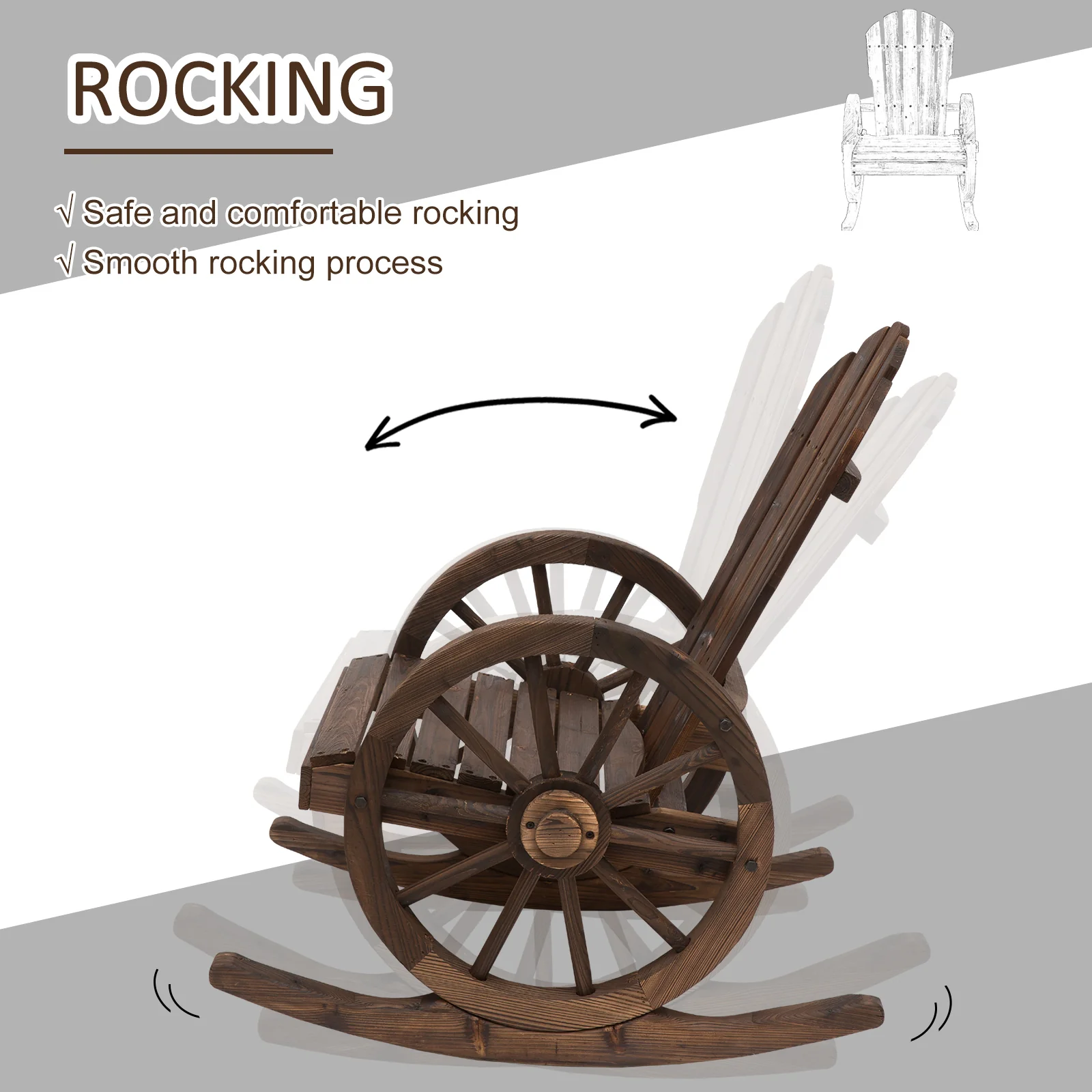 Wooden Adirondack Rocking Chair Reclining Armchair for Garden, Patio and Porch, Carbonized - Image 6