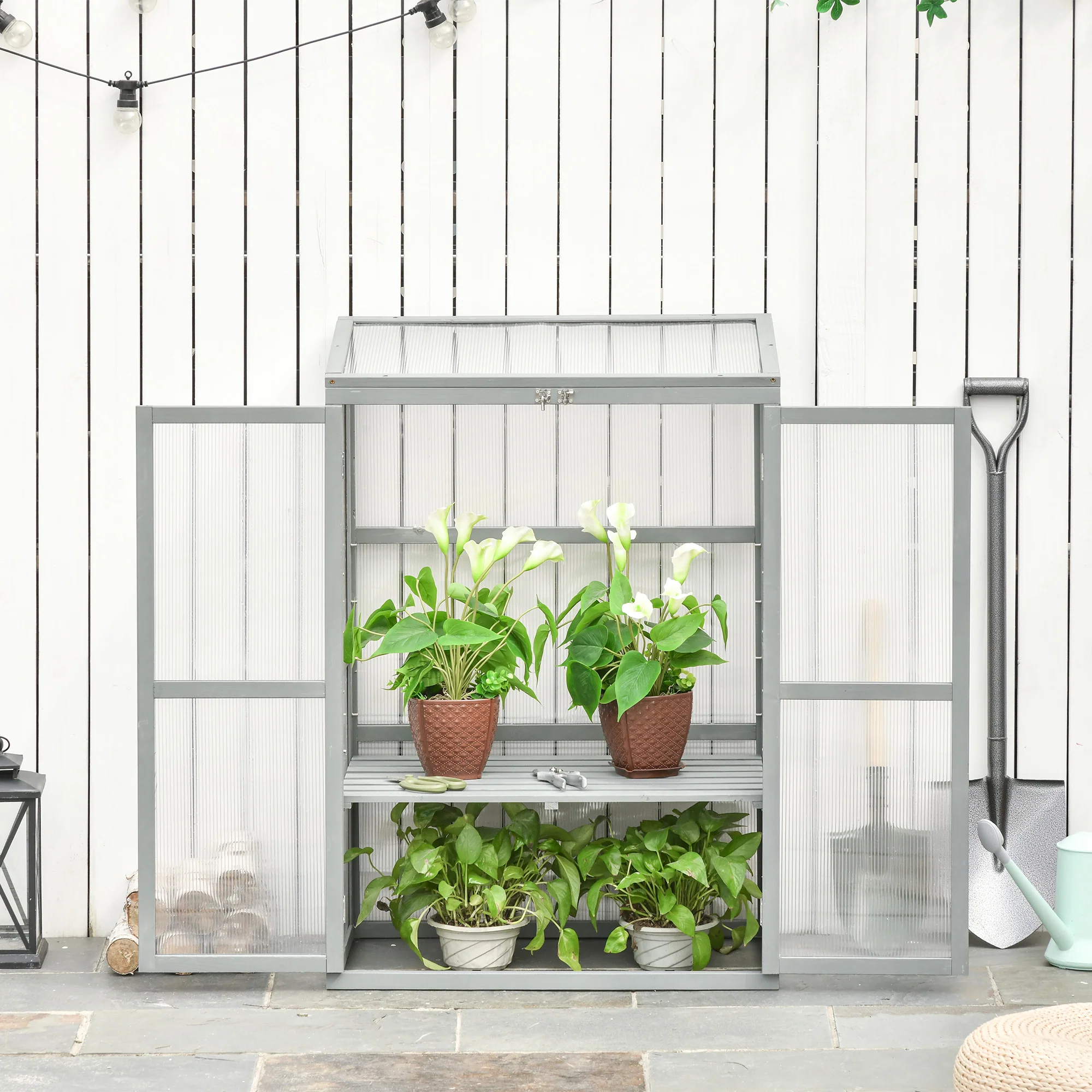 Wooden Cold Frame Greenhouse with Adjustable Shelf & Double Doors for Plants, Light Grey - Image 4