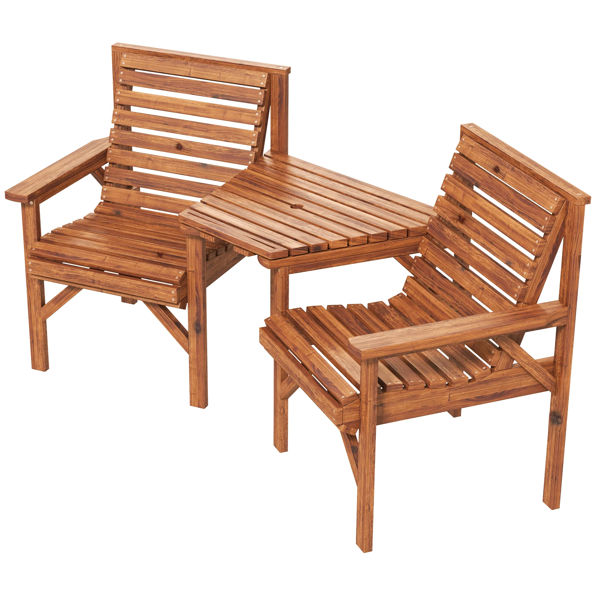 2 Seater Wooden Garden Love Seat with Coffee Table & Parasol Hole for Patio, Tan - Image 2
