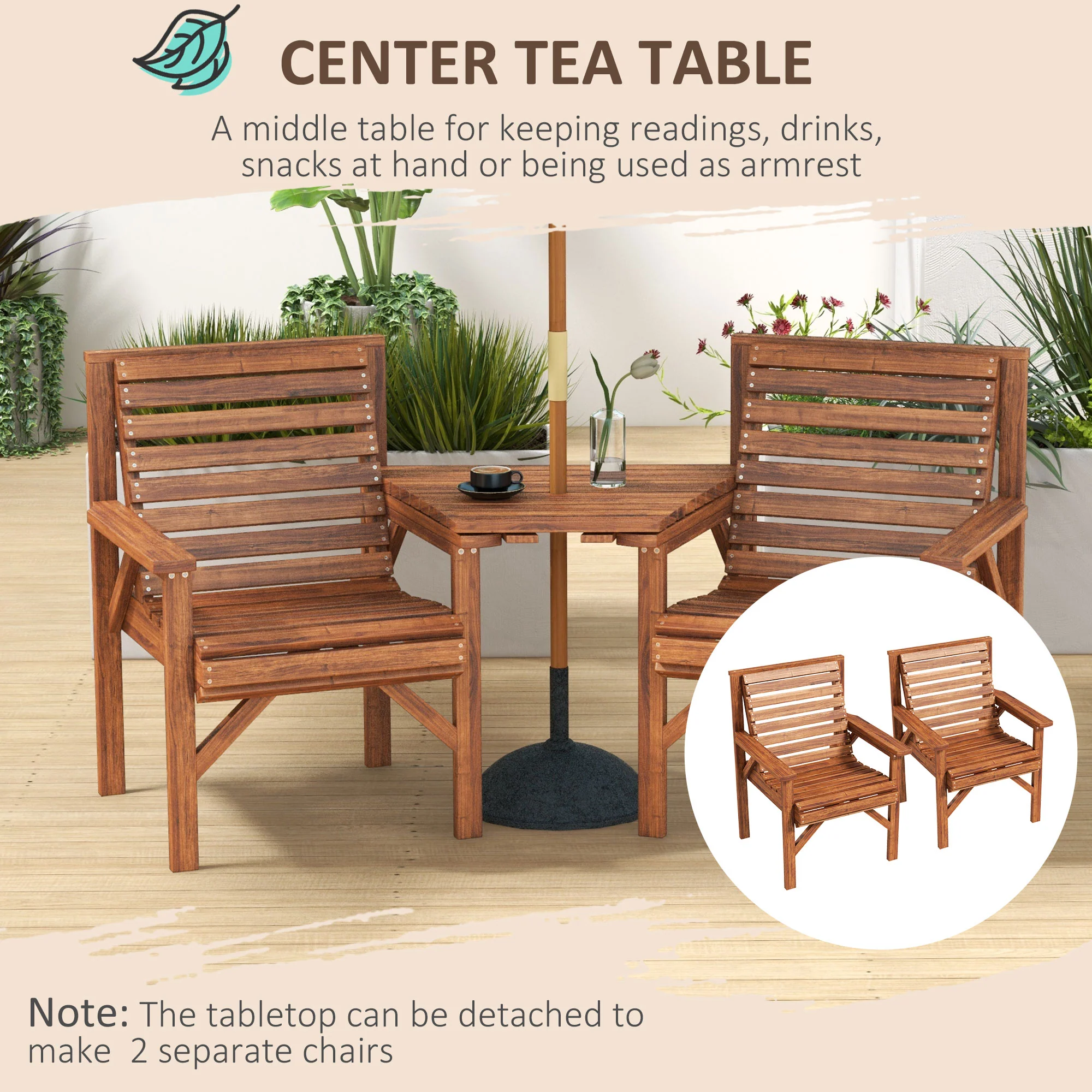 2 Seater Wooden Garden Love Seat with Coffee Table & Parasol Hole for Patio, Tan - Image 8