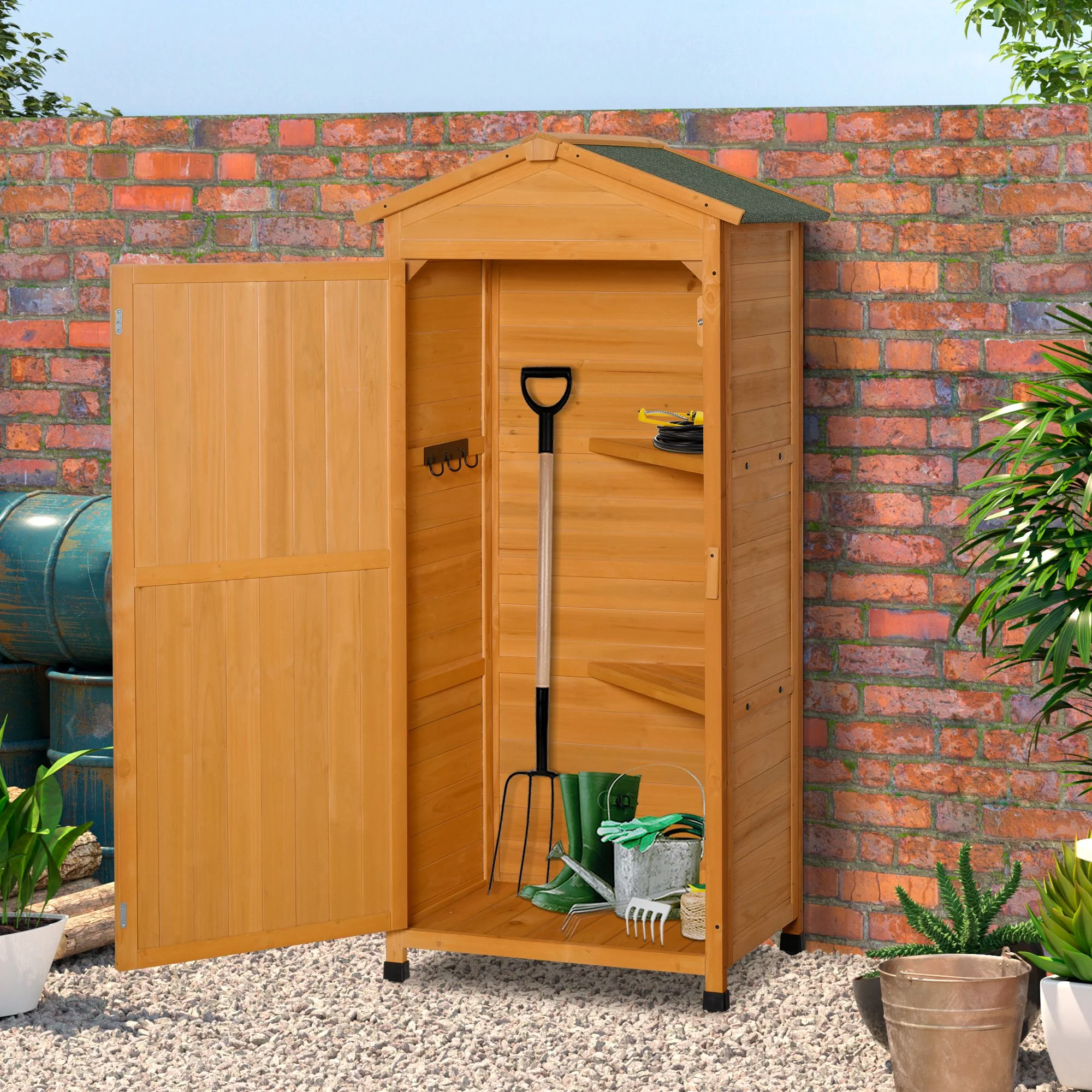 Outdoor Wooden Narrow Storage Cabinet with Asphalt Roof, 2 Shelves and Hooks, 74x55x155cm, Yellow - Image 3