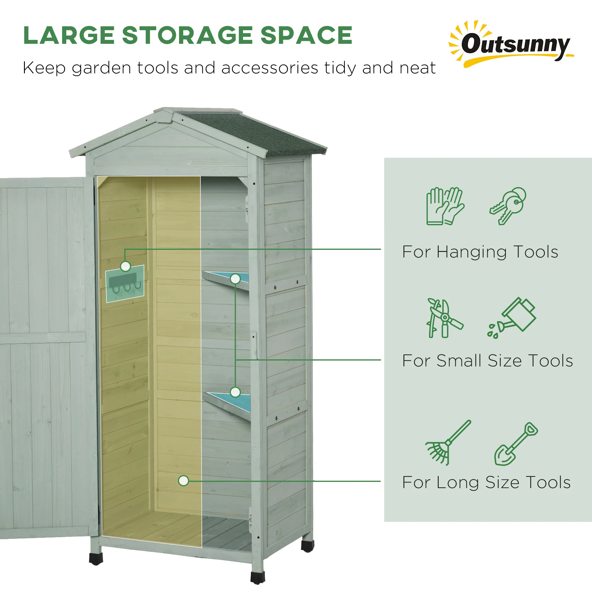 Outdoor Wooden Narrow Storage Cabinet with Asphalt Roof, 2 Shelves and Hooks, 74x55x155cm, Green - Image 6