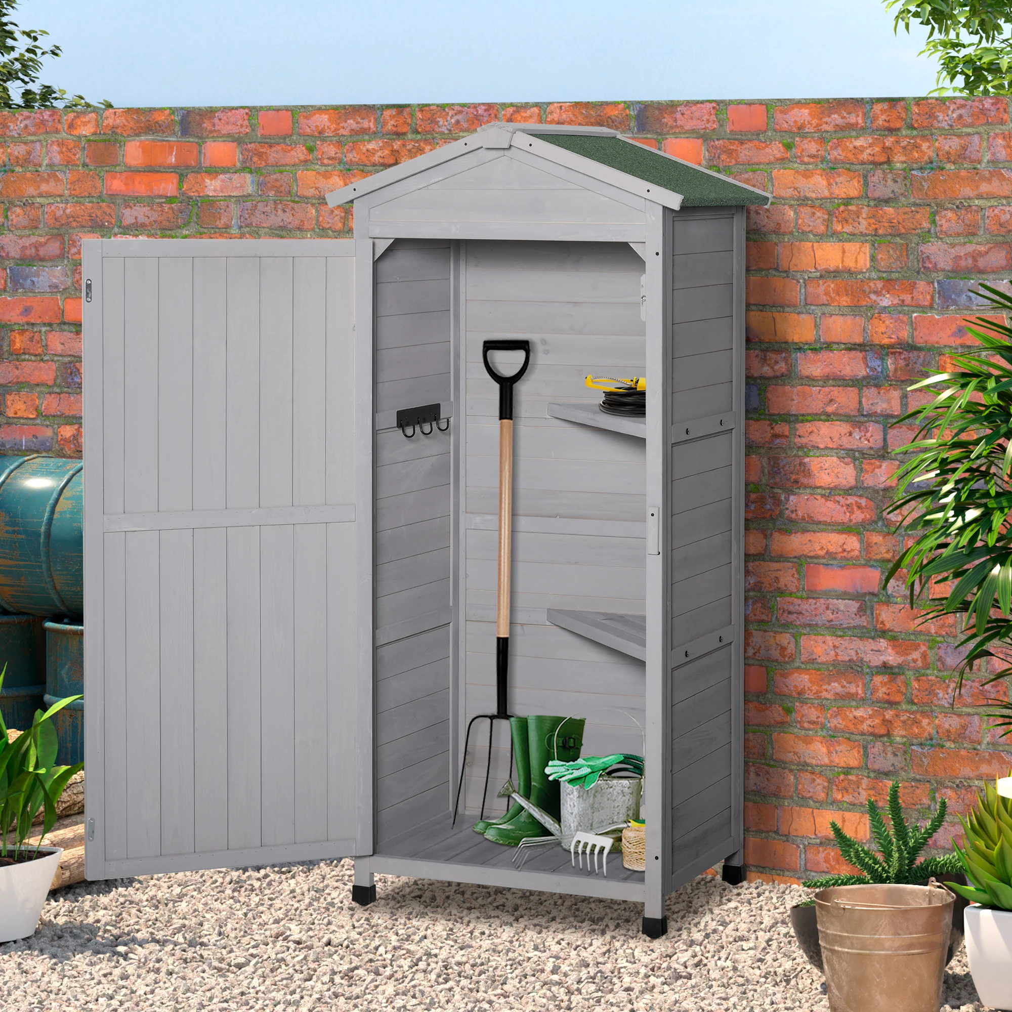 Outdoor Wooden Narrow Storage Cabinet with Asphalt Roof, 2 Shelves and Hooks, 74x55x155cm, Grey - Image 4