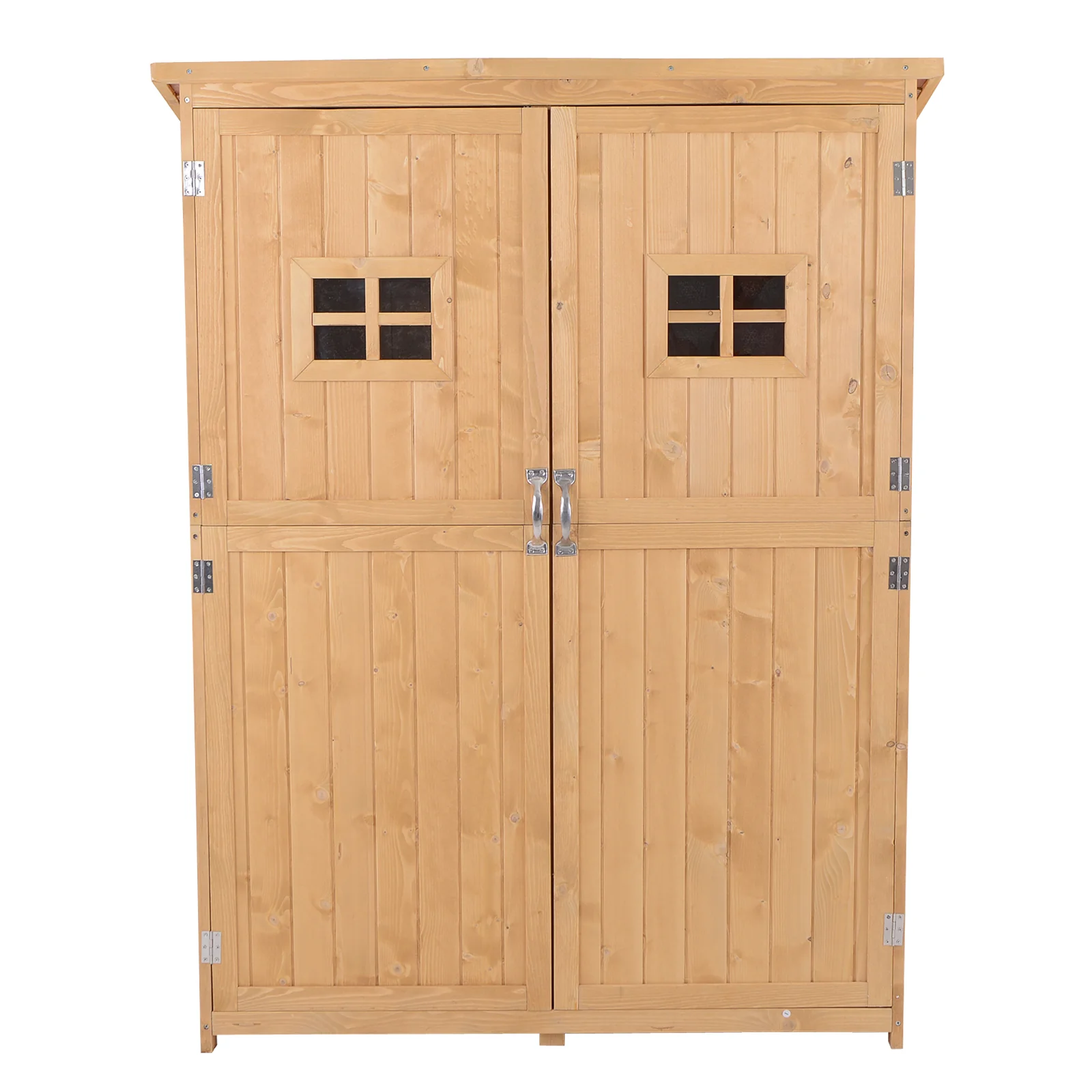 Wooden Tool Storage Cabinet w/ 2 Windows & Double Door, for Garden, Patio, 127.5x 50x164cm, Natural - Image 10