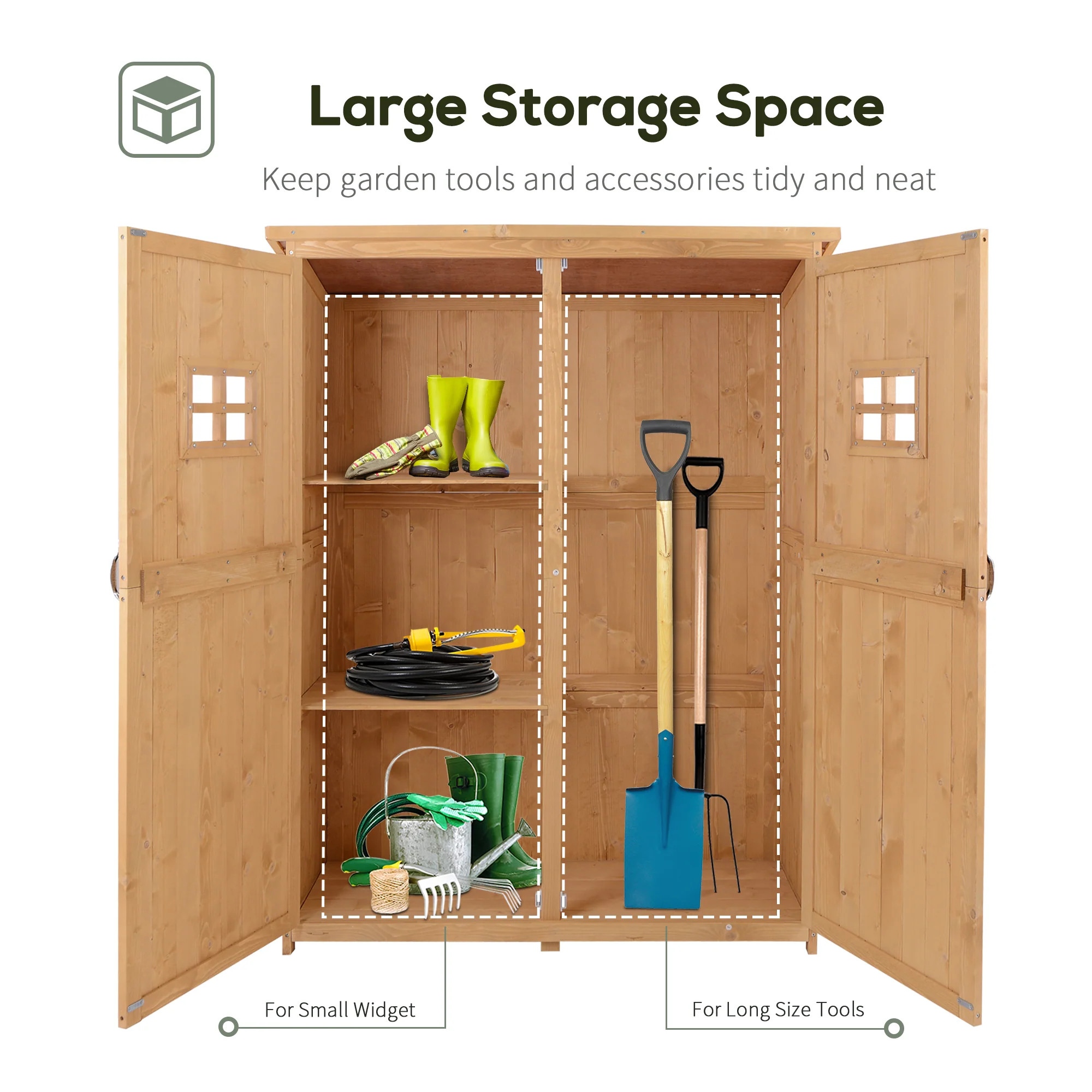 Wooden Tool Storage Cabinet w/ 2 Windows & Double Door, for Garden, Patio, 127.5x 50x164cm, Natural - Image 7