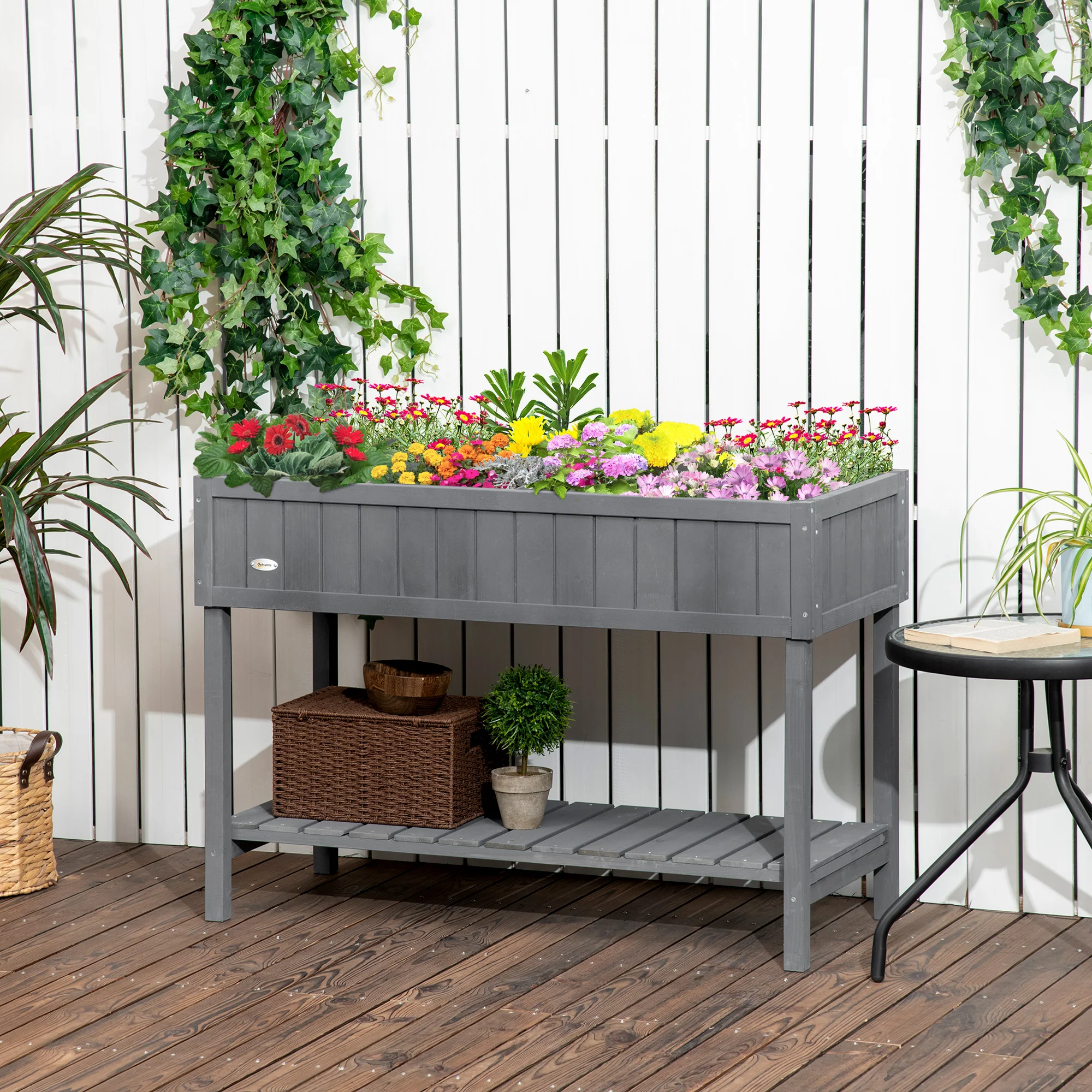 Wooden Herb Planter with 8 Pocket, Raised Bed Container Garden Planter Boxes, 110L x 46W x 76Hcm, Dark Grey - Image 4