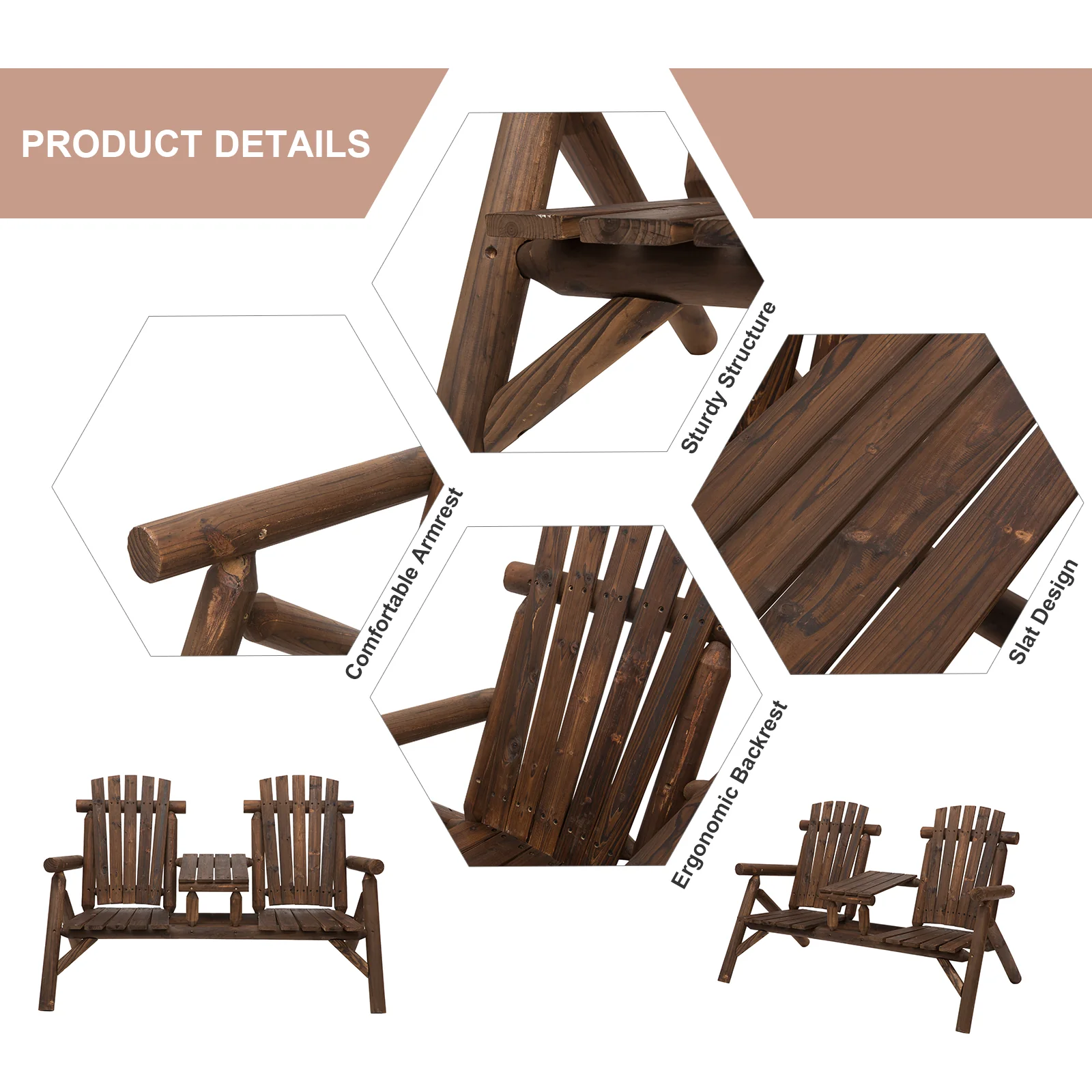 Wood Adirondack Patio Chair Bench with Center Coffee Table for Relaxing, Carbonized - Image 6