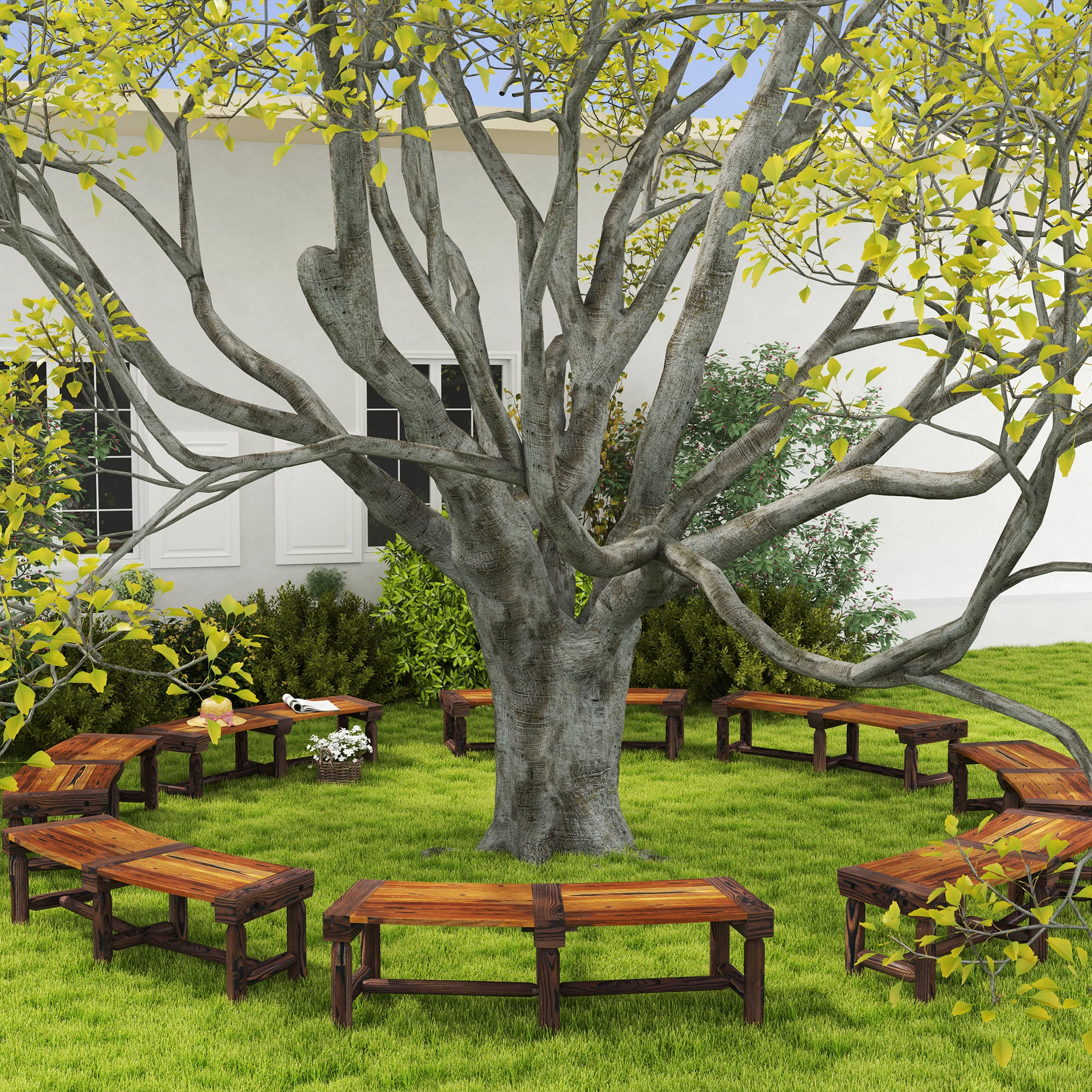 Wooden Outdoor Bench, Wrap Around Tree Bench with Slatted Seat for Yard, Garden, Brown - Image 10