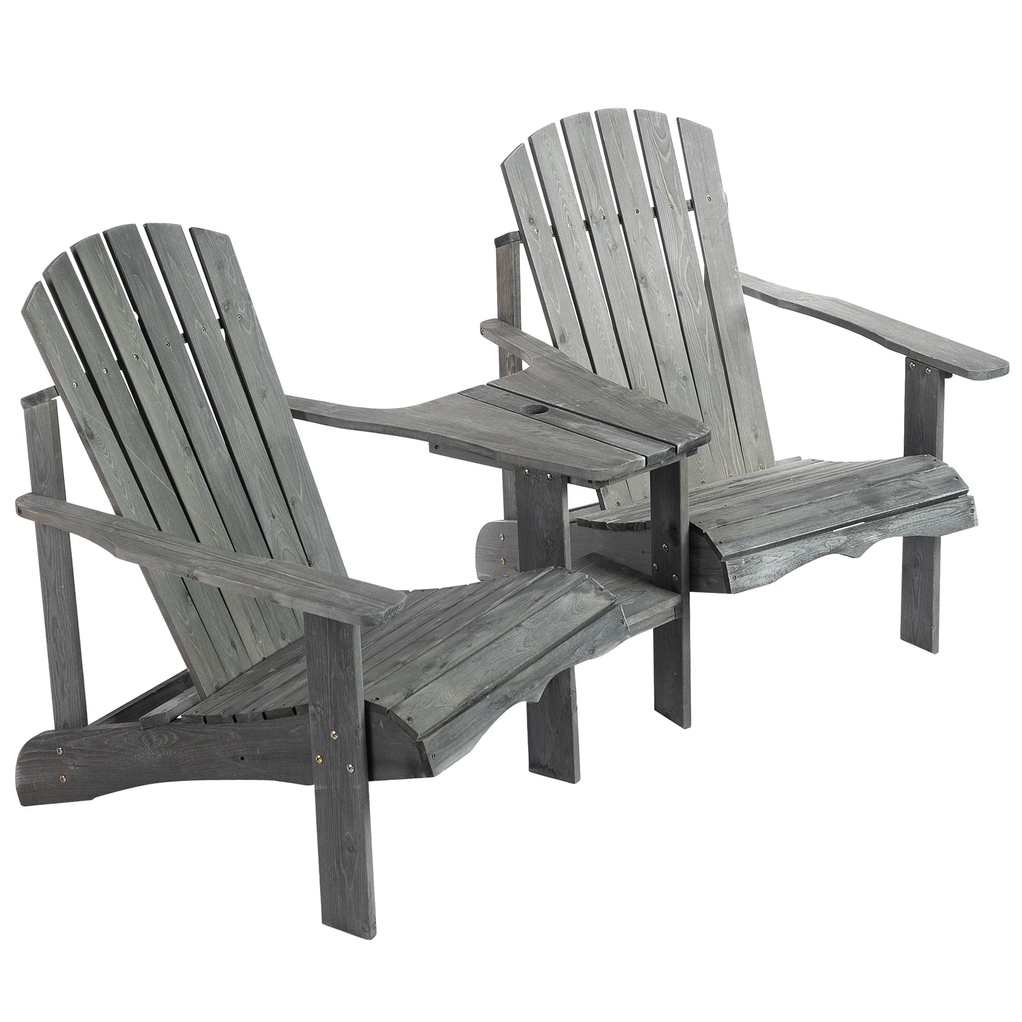 Wooden Double Adirondack Chairs Loveseat with Centre Table & Umbrella Hole, Grey - Image 2