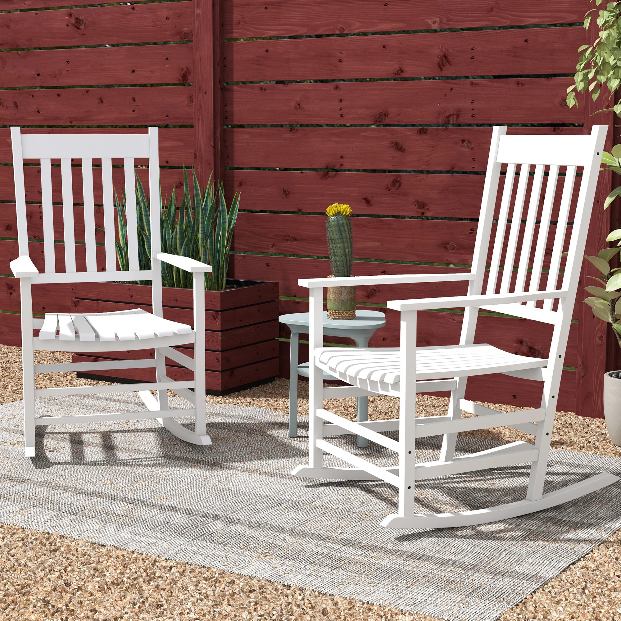 Wooden Patio Rocking Chairs Set of 2 w/ Wide Armrests, High Back for Garden, Balcony, White - Image 9