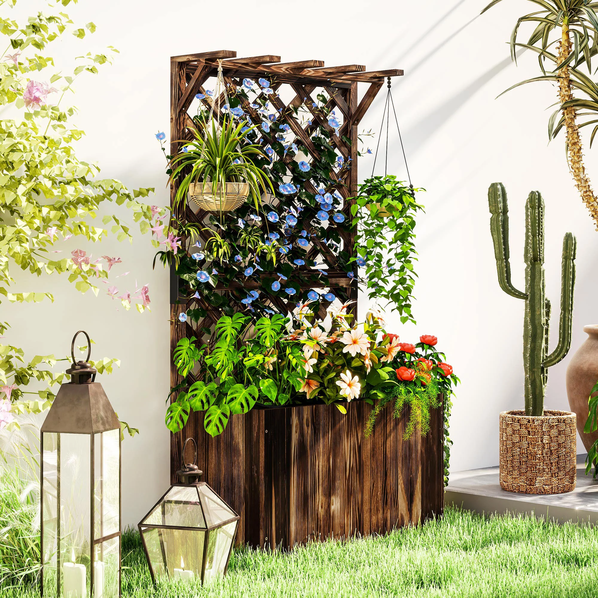 Wooden Planter with Trellis, Freestanding Raised Garden Bed with Drainage Holes, Outdoor Planter Box with Liner for Vegetables, Herbs and Flowers, Carbonised - Image 3