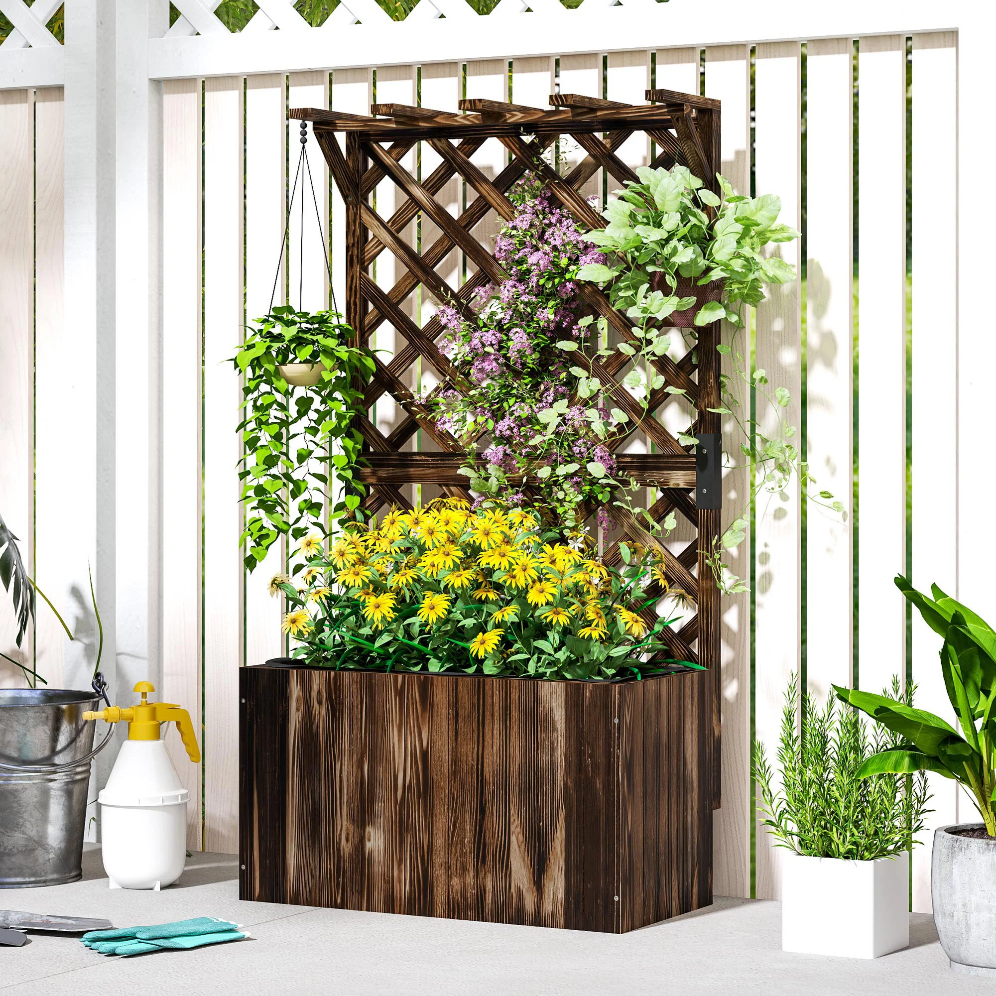Wooden Planter with Trellis, Freestanding Raised Garden Bed with Drainage Holes, Outdoor Planter Box with Liner for Vegetables, Herbs and Flowers, Carbonised - Image 4