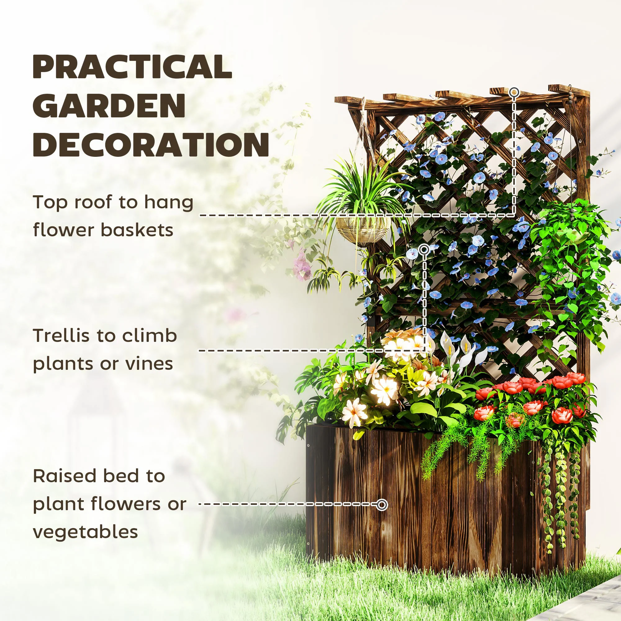 Wooden Planter with Trellis, Freestanding Raised Garden Bed with Drainage Holes, Outdoor Planter Box with Liner for Vegetables, Herbs and Flowers, Carbonised - Image 6