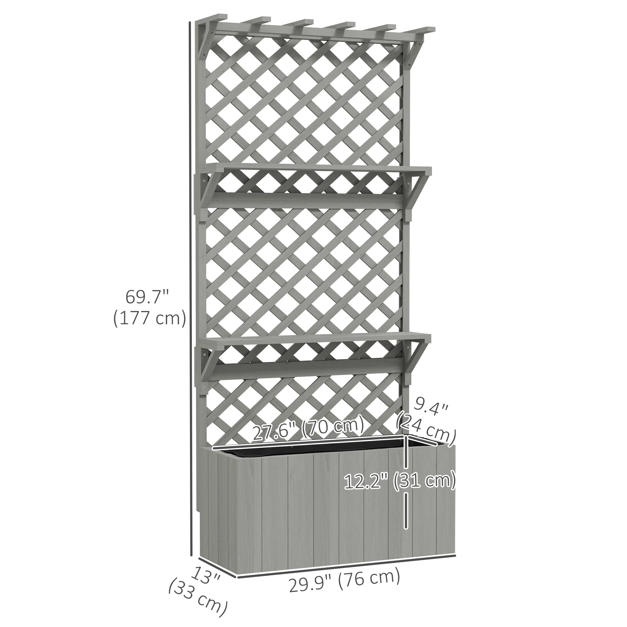 30" x 13" x 70" Wooden Raised Garden Bed with Trellis, Hanging Roof and Plant Shelf, Grey - Image 5