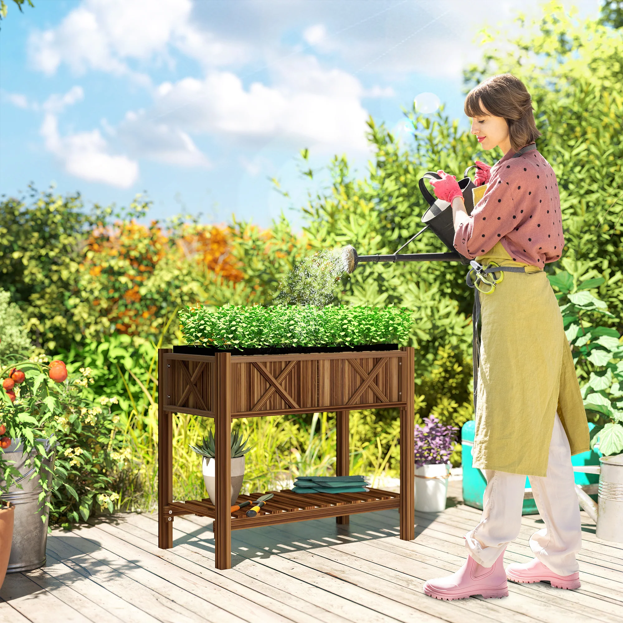 Wooden Raised Garden Bed, Elevated Planter Box with Storage Shelf, Drainage Holes and Liner, 34"x18"x30", Carbonized - Image 11