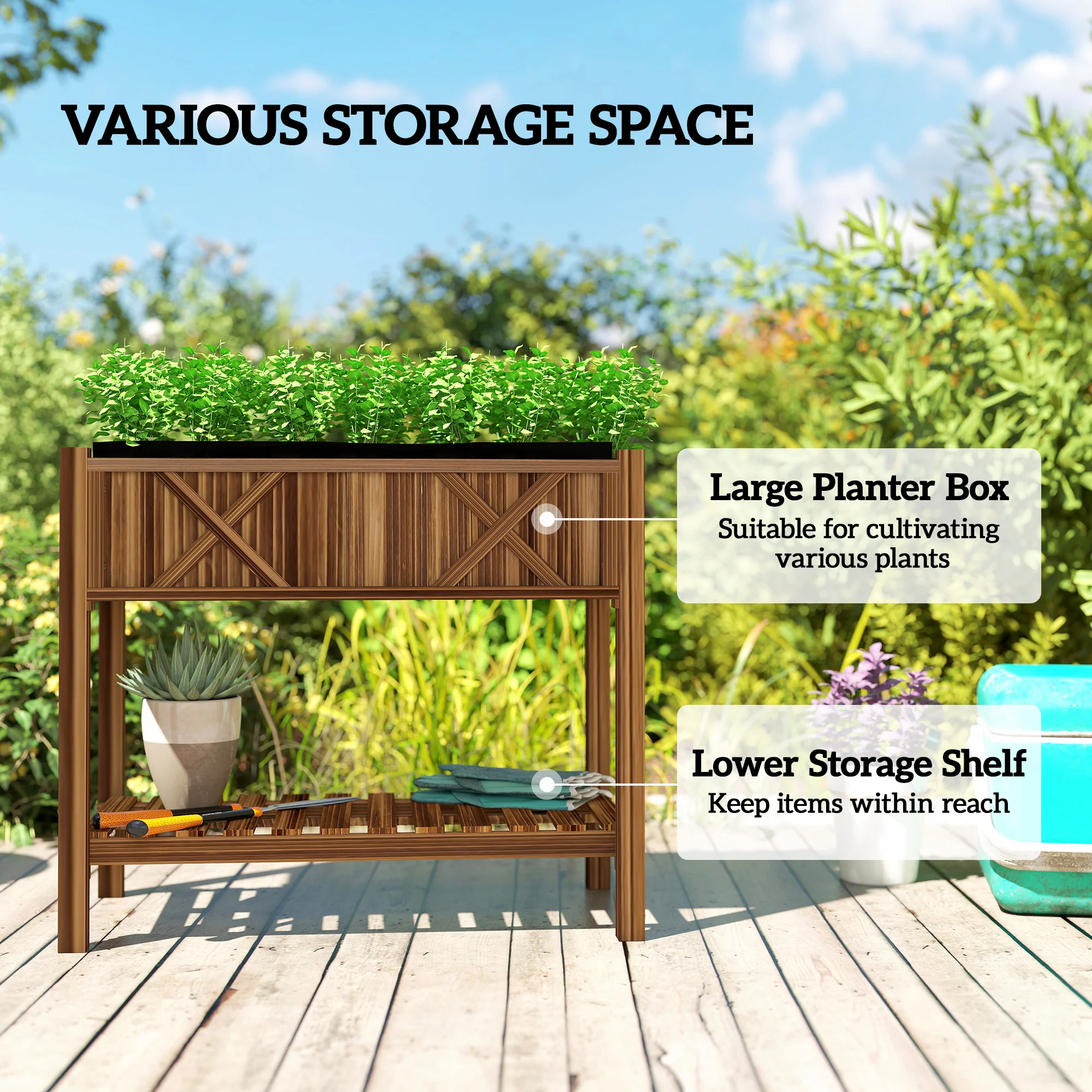 Wooden Raised Garden Bed, Elevated Planter Box with Storage Shelf, Drainage Holes and Liner, 34"x18"x30", Carbonized - Image 6